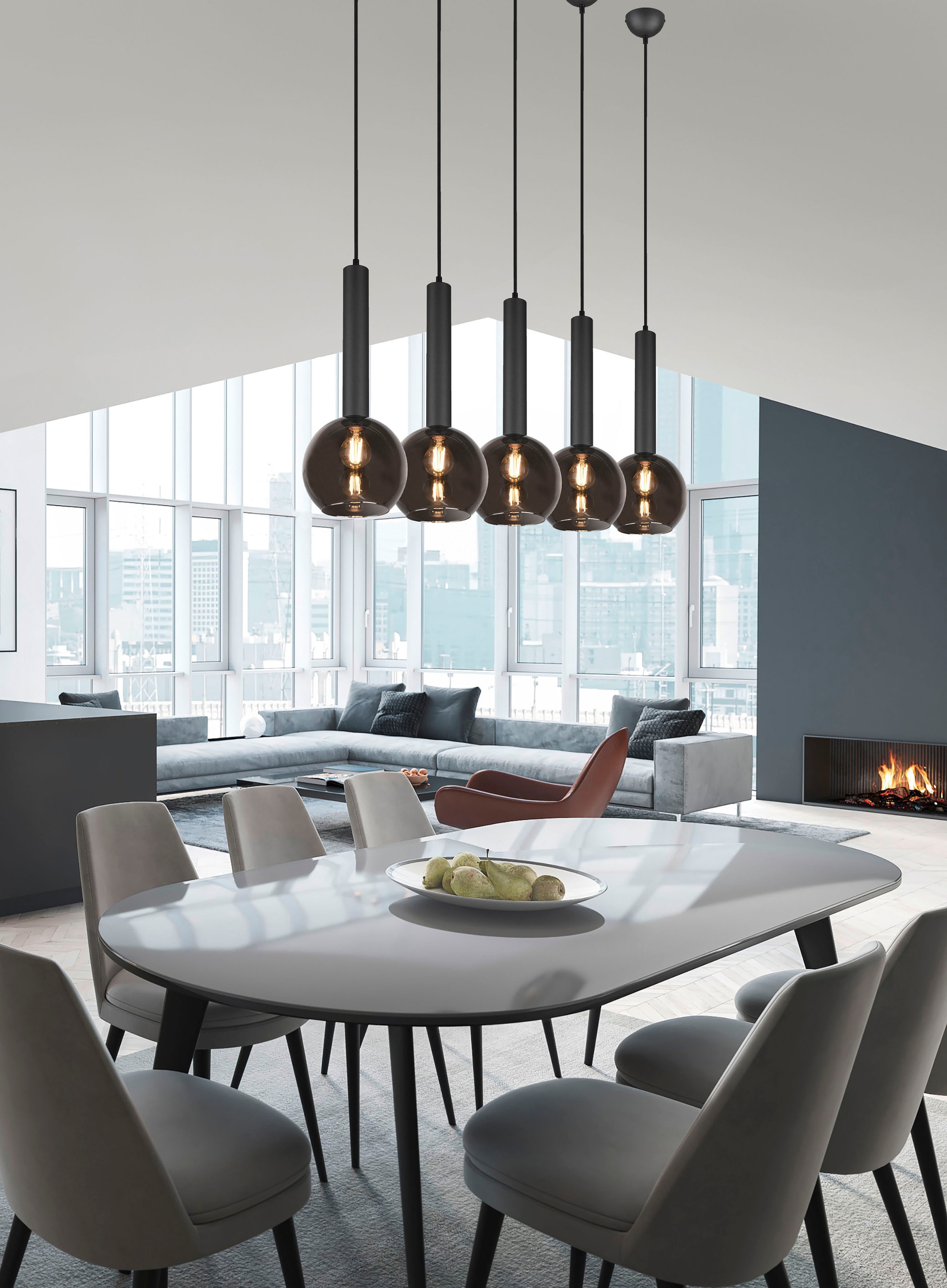 TRIO Leuchten Pendelleuchte »Clayton«, 5 flammig, Leuchtmittel E27 | ohne Leuchtmittel, Hängelampe höhenverstellbar bis 150cm, Glas rauchfarbig, exkl 5xE27