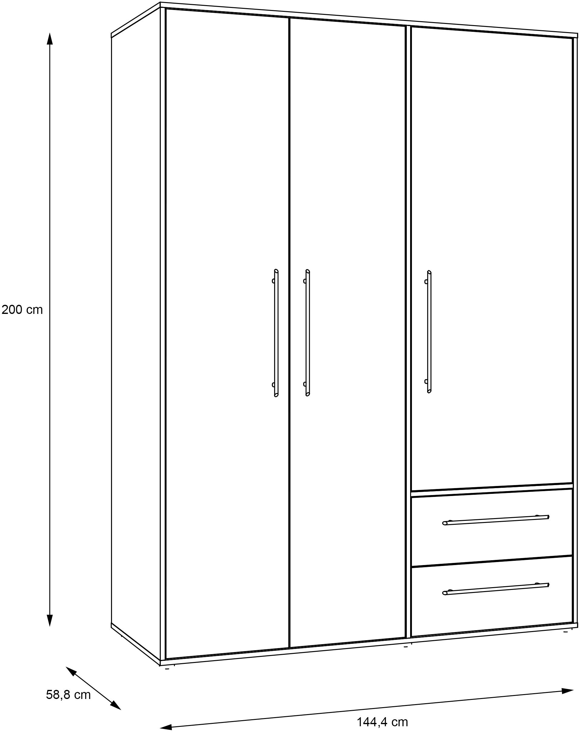 FORTE Drehtürenschrank »Mokkaris. TOPSELLER! verschiedene Größen und Farben«, (BHT ca. 145x200x59cm oder BHT ca. 206x200x59cm), mit Schubladen und schwarzen Stangengriffen, Made in Europe