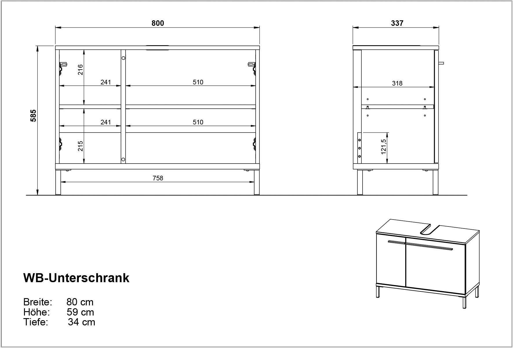 GERMANIA Waschbeckenunterschrank »Yonkers«, Hochwertige ABS-Kanten, Griffe & hohe Füße aus Metall, Breite 80 cm
