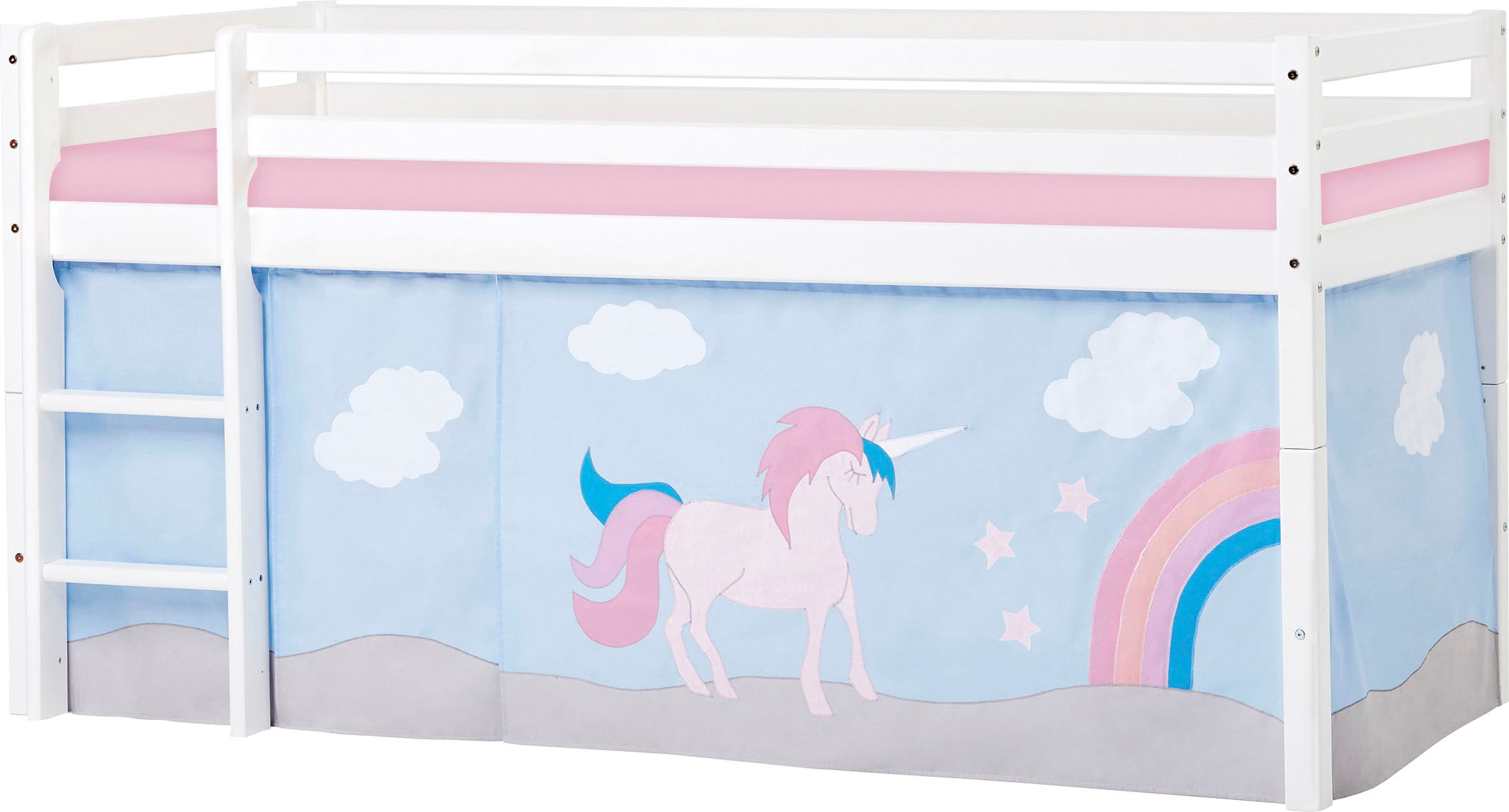 Hochbett „“Einhorn““, mit Vorhang & Matratze 2 Größen umbaubar, weiß Einhorn-Motiv