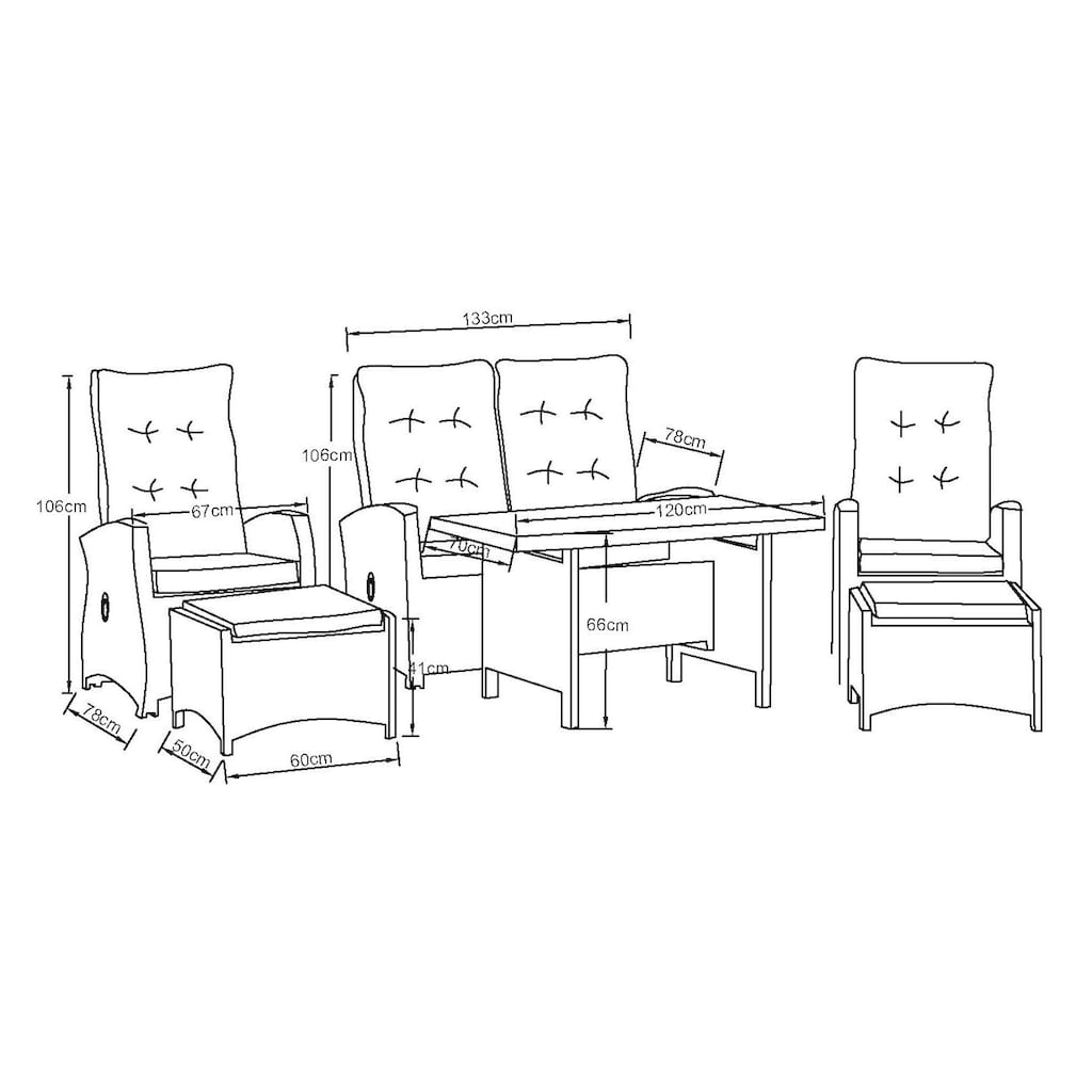 KONIFERA Garten-Essgruppe »Monaco«, (Set, 16 tlg., 1x2er Sofa, 2x Sessel, 2x Hocker, 1x Tisch 120x70x66cm, inkl. Auflagen)