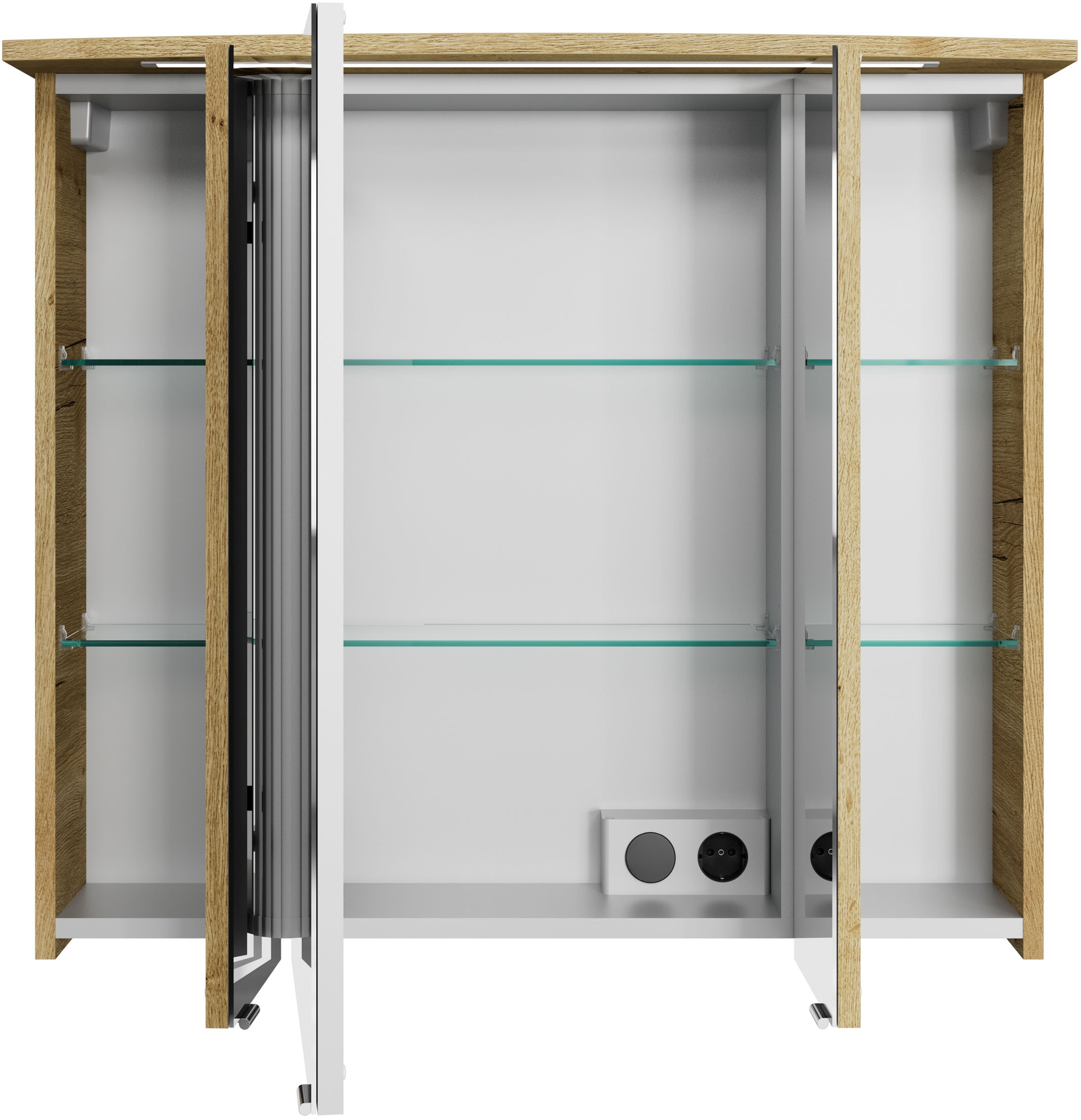Saphir Badezimmerspiegelschrank »Serie 4010 Badezimmer-Spiegelschrank inkl. LED-Beleuchtung im Kranz«, Badschrank 82 cm breit, 3 Türen, 6 Glas-Einlegeböden, inkl Türdämpfer