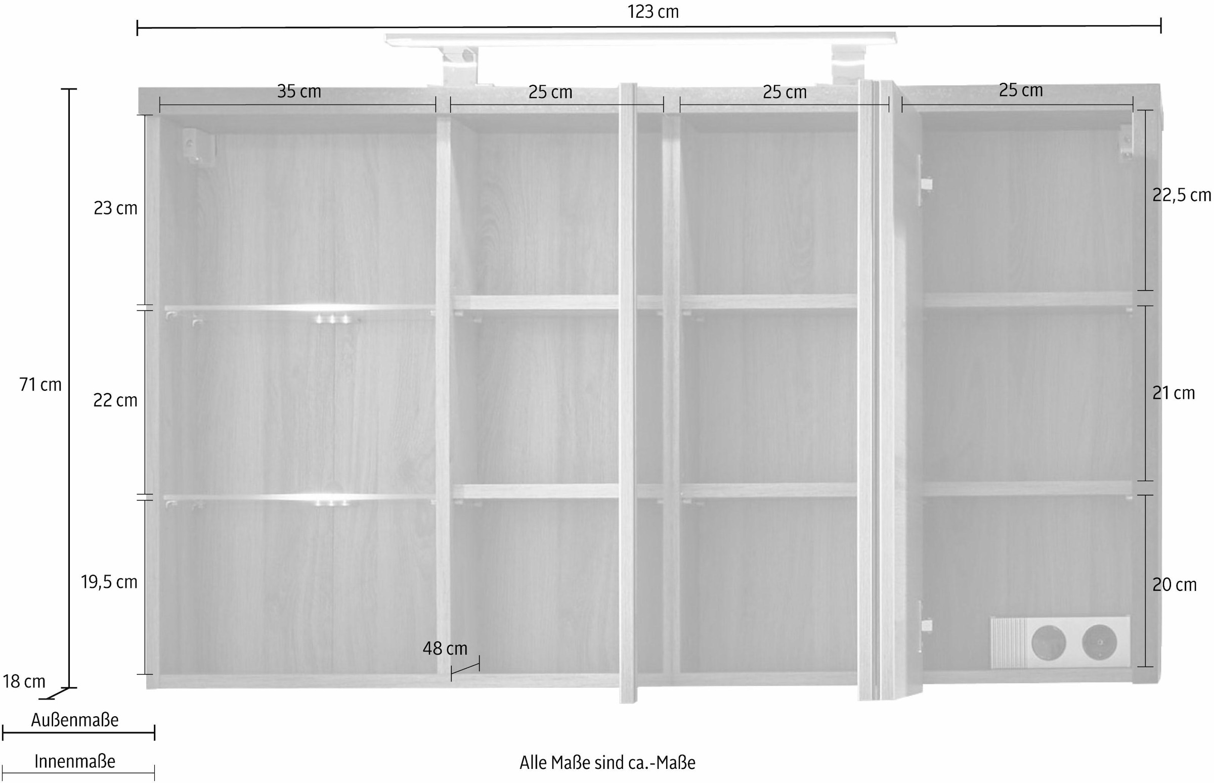 welltime Spiegelschrank »Bilbao«, Badezimmerschrank mit 2 Glasböden und 9 Fächern - (B/T/H) 123/18/71 cm