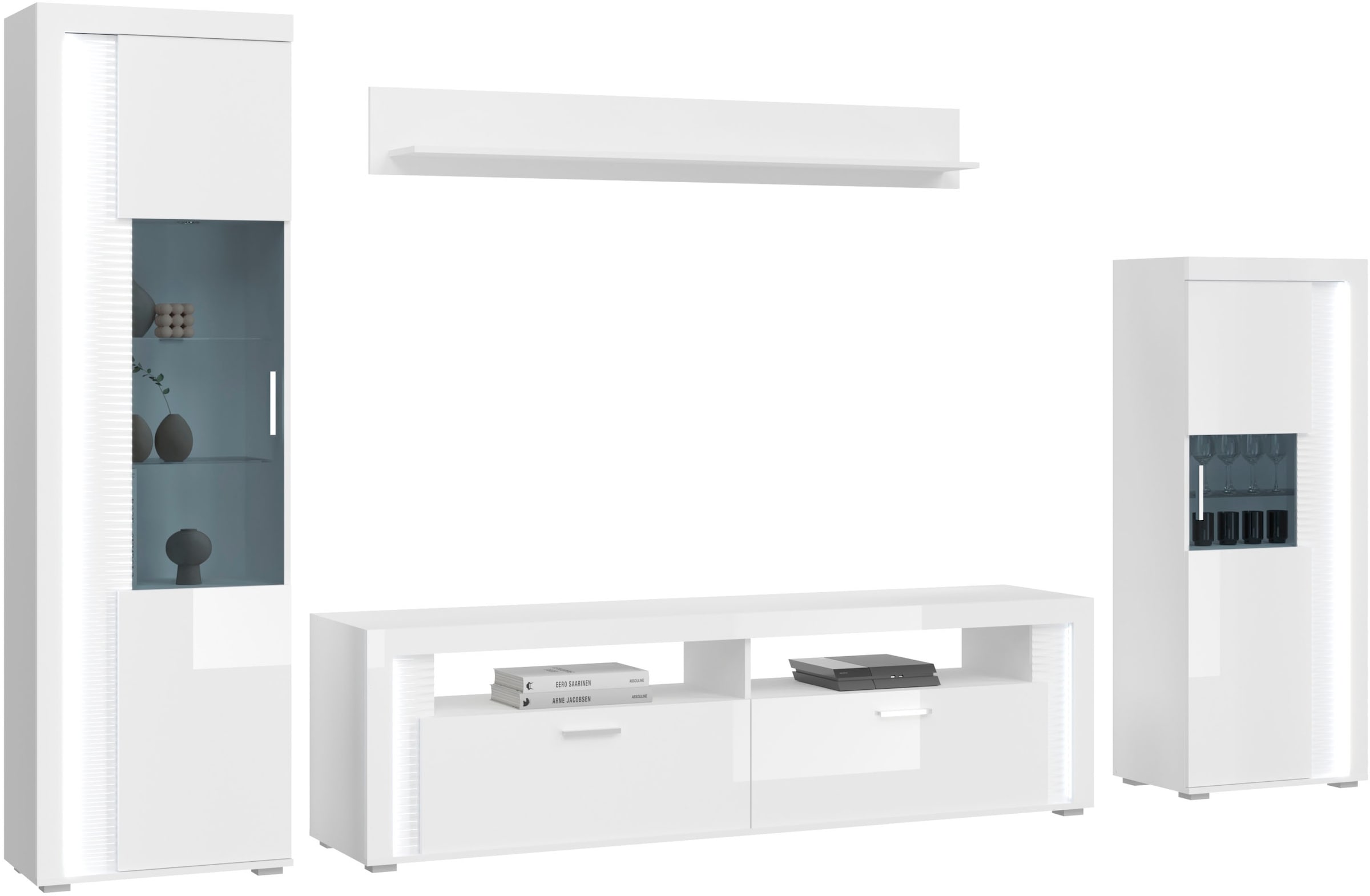 INOSIGN Wohnwand »Viborg, 4-teiliges Set, inkl. vertikaler Frontbeleuchtung, best. aus:«, (4 St.), 1x Vitrine hoch, 1 Lowboard, 1x Wandboard & 1 Vitrine halbhoch