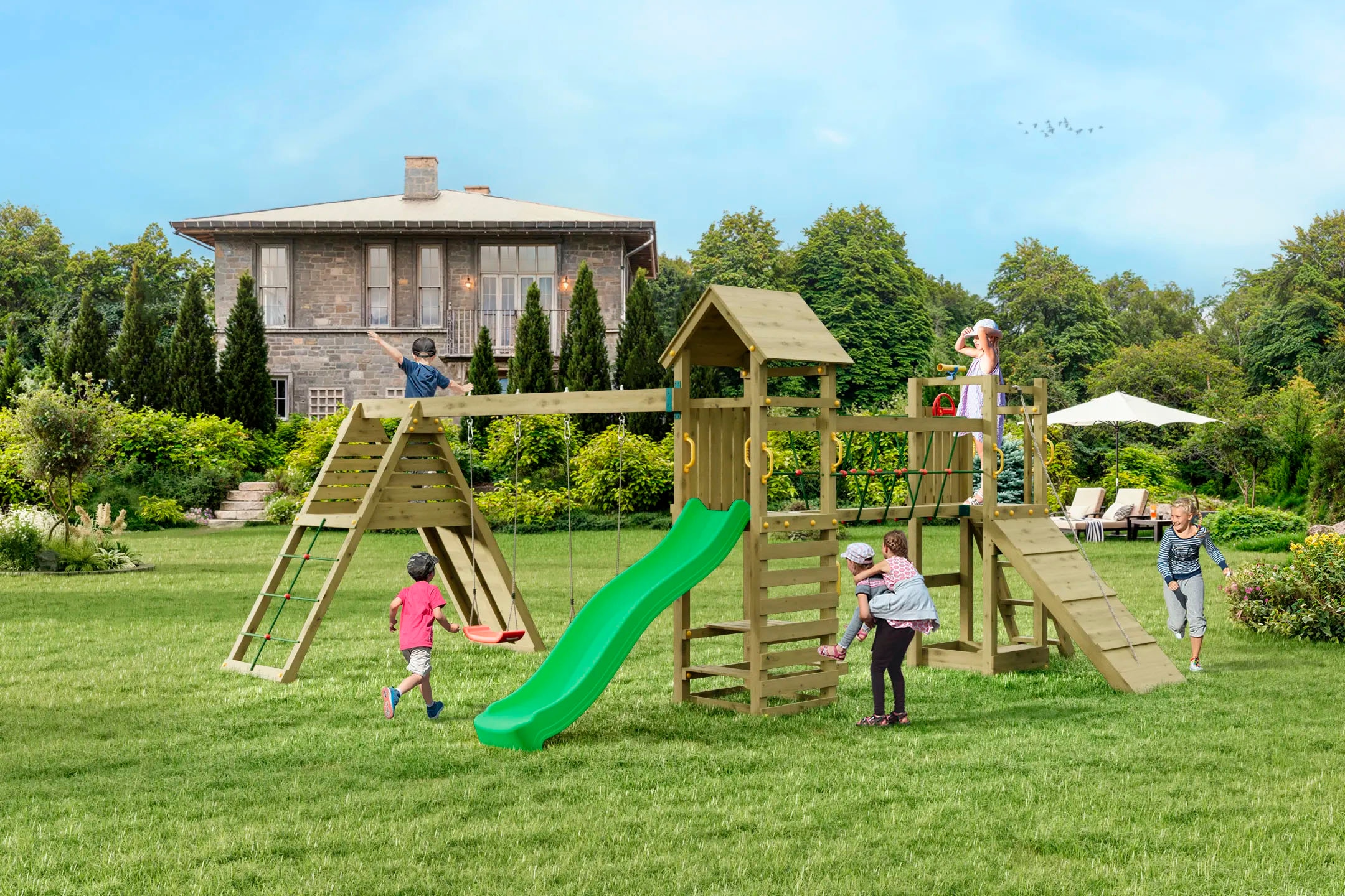 FUNGOO Spielturm »Maxi Funny Carnival«, (Packung), Spielturm mit Rutsche, Schaukeln, Kletterwand und Seilbrücke