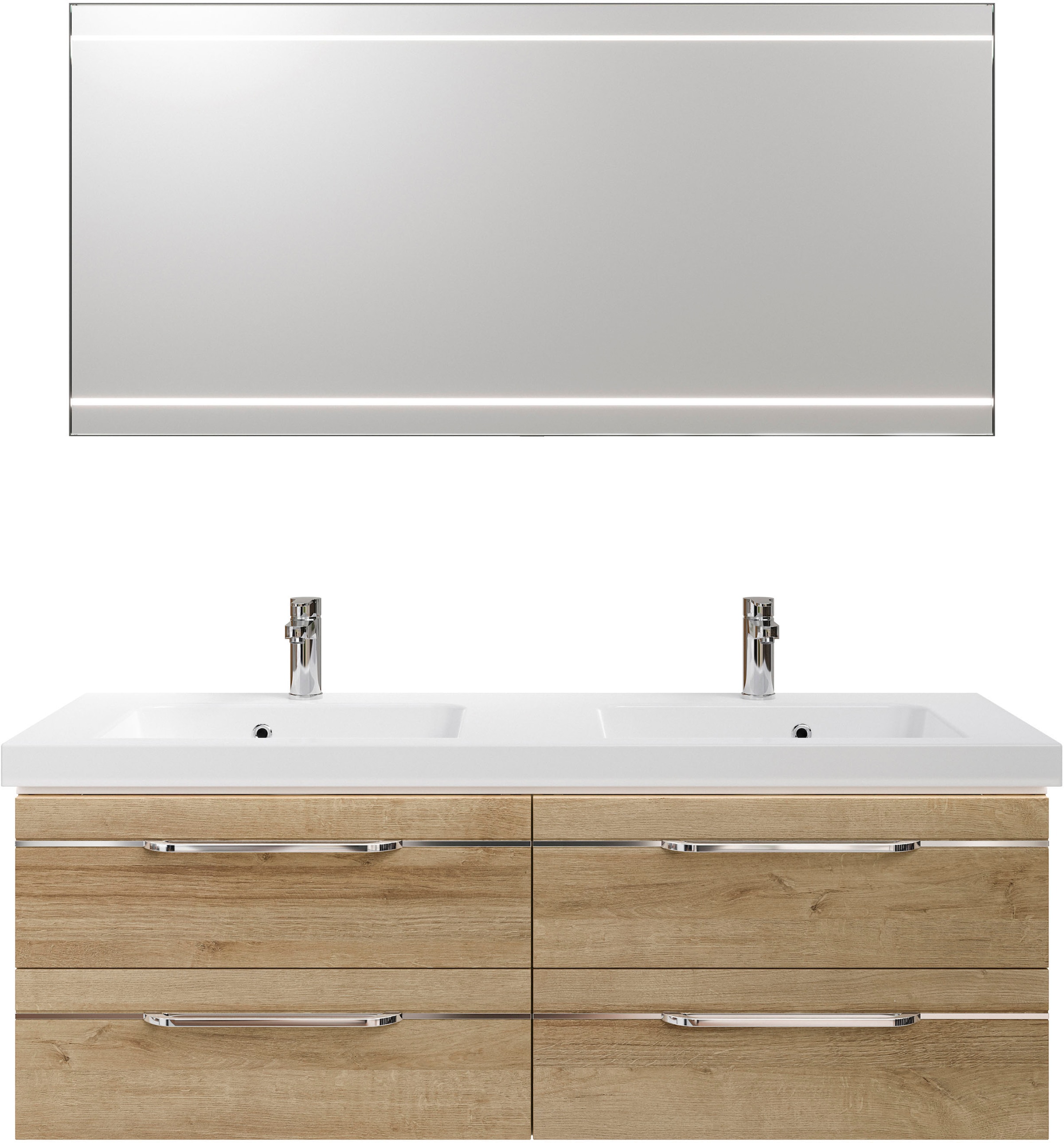 Saphir Badmöbel-Set »Balto 2-teilig Mineralmarmor-Doppelwaschtisch mit LED-Spiegel«, (2 St.), Waschplatz 150 cm breit, 4 Schubladen, inkl. Schubladendämpfer