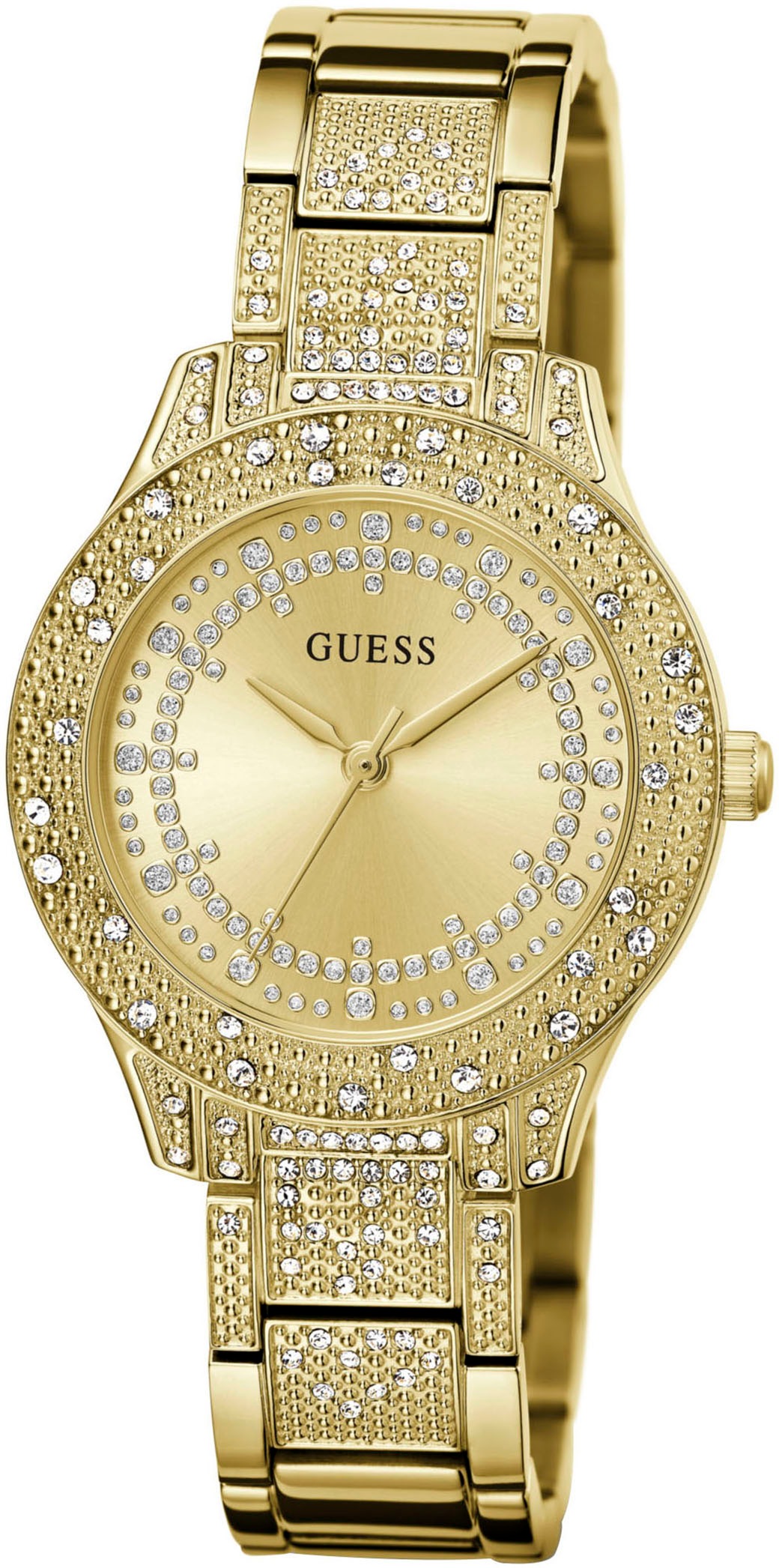 Guess Quarzuhr »SHOOTING STAR«, Armbanduhr, Damenuhr, Kristallsteine, Mineralglas, Edelstahlarmband