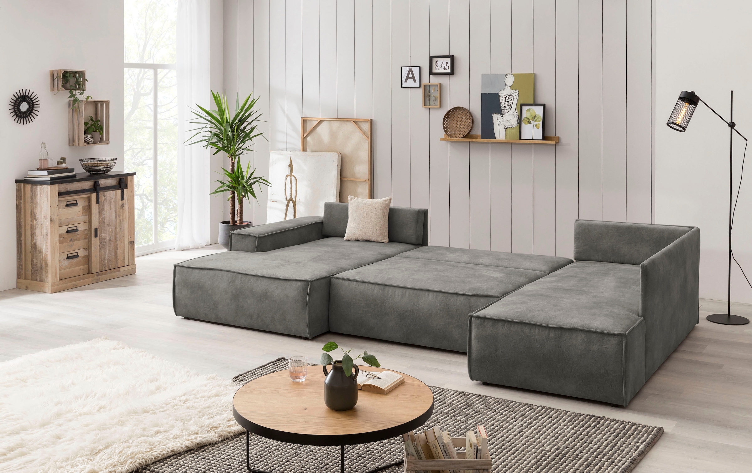 Home affaire Wohnlandschaft »SHERWOOD 329 cm, U-Form, Schlafsofa,«, Schlaffunktion m. Bettkasten (194x139 cm), Cord, Vintage, Samtvelours