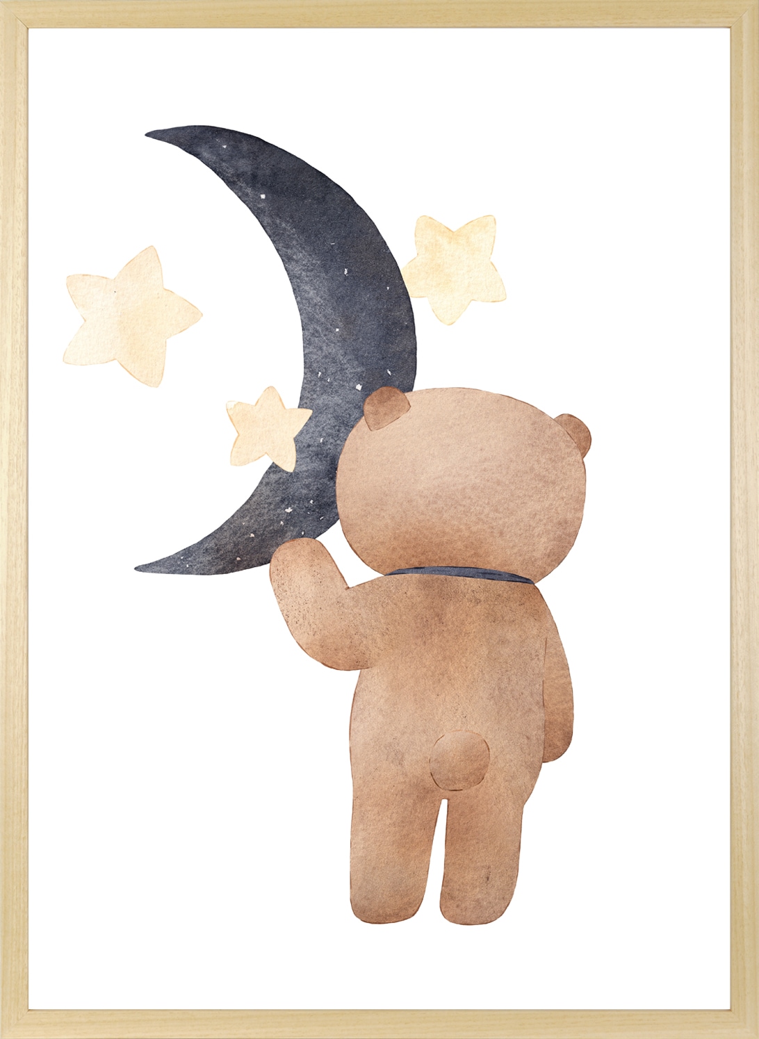 queence Bild mit Rahmen »Bär mit Halbmond«, Bär-Bären-Bilder vom Sternenhimmel-Stern-Sterne-Teddy-Tiere, (1 St.), HD Premium Posterdruck mit Echtholzrahmen