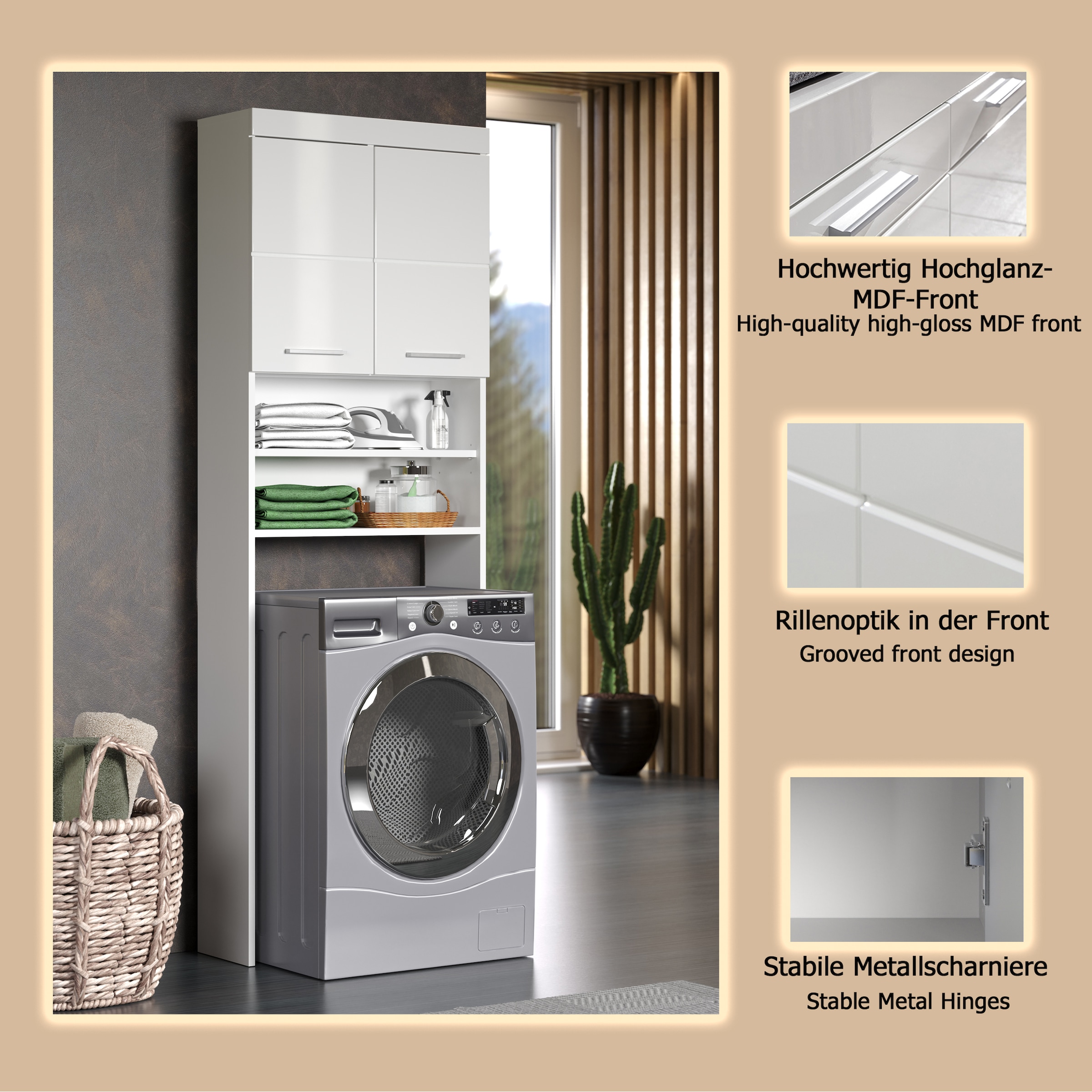 welltime Waschmaschinenumbauschrank »Avena« Waschmaschinenüberbau mit 2 Fächern - (B/T/H) 63/24/187 cm