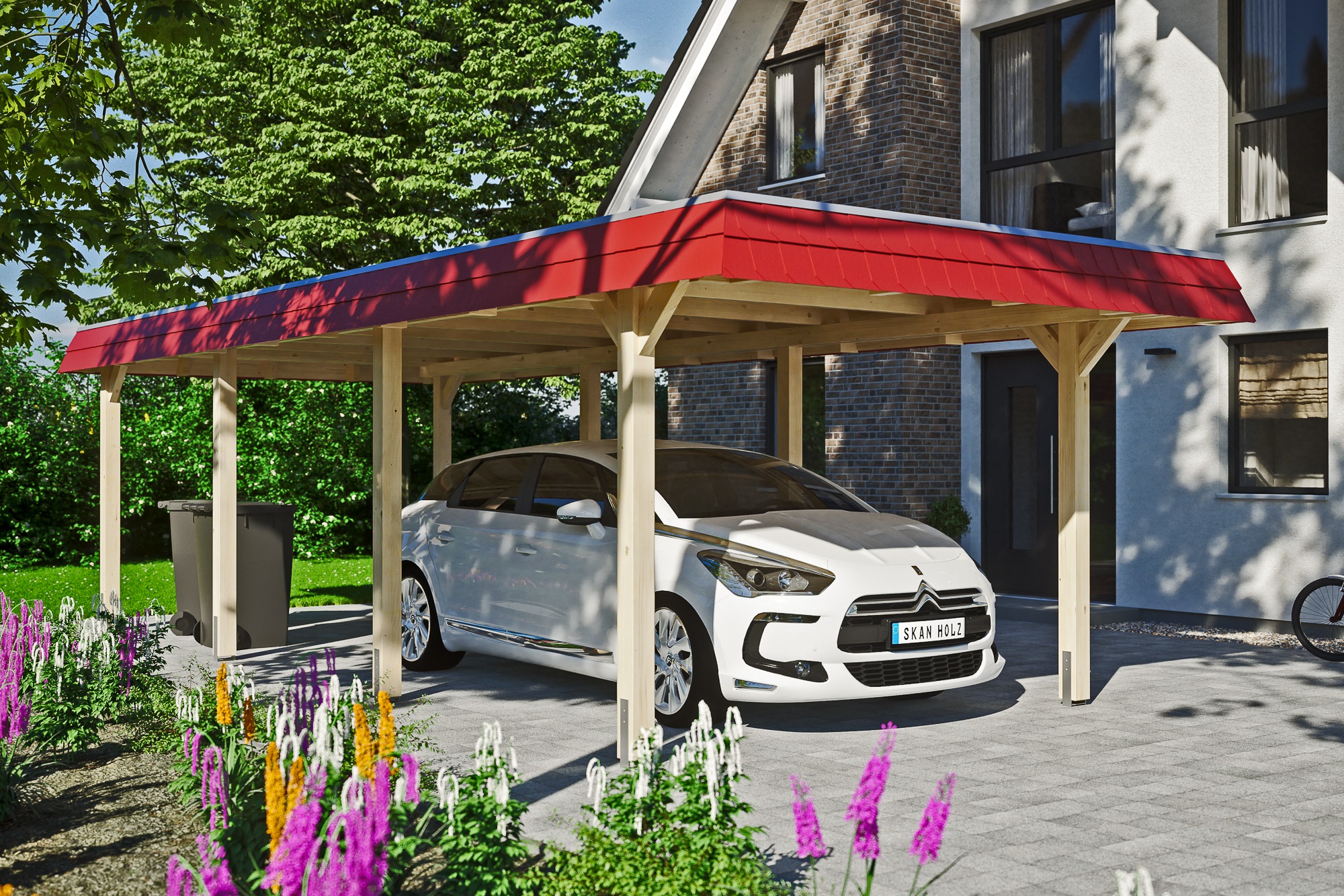 Skanholz Einzelcarport »Wendland«, Leimholz-Fichte, 291 cm, Natur, mit EPDM-Dach, rote Blende