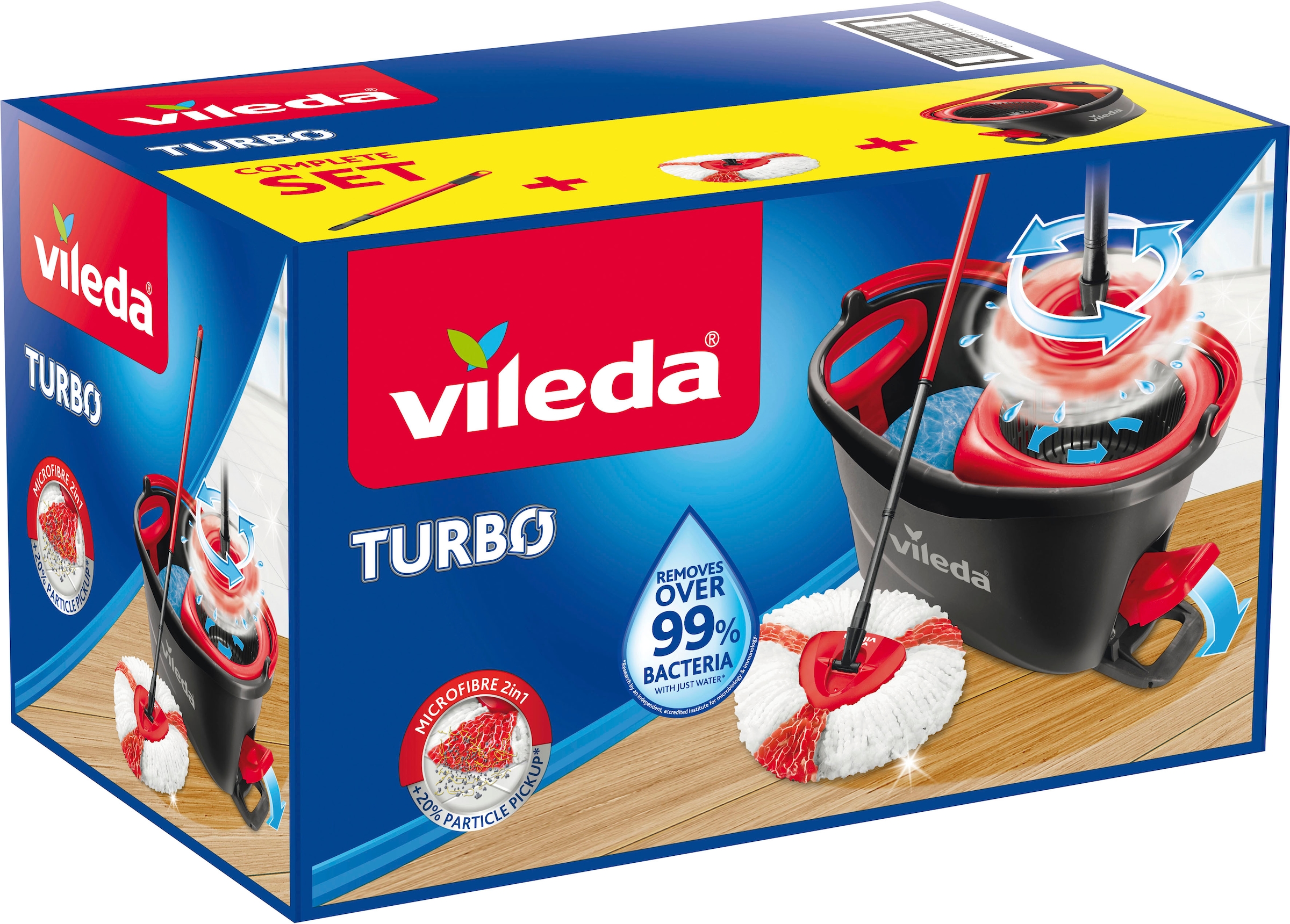 Vileda Bodenwischer-Set »TURBO Box inkl. Classic Ersatzbezug«, (Set, 3 St., Wischmop-Set mit Powerschleuder und Fußpedal und 3-tlg. Teleskopstiel), ergonomischer, leichter Eimer mit praktischem Ausguss und Stielhalter