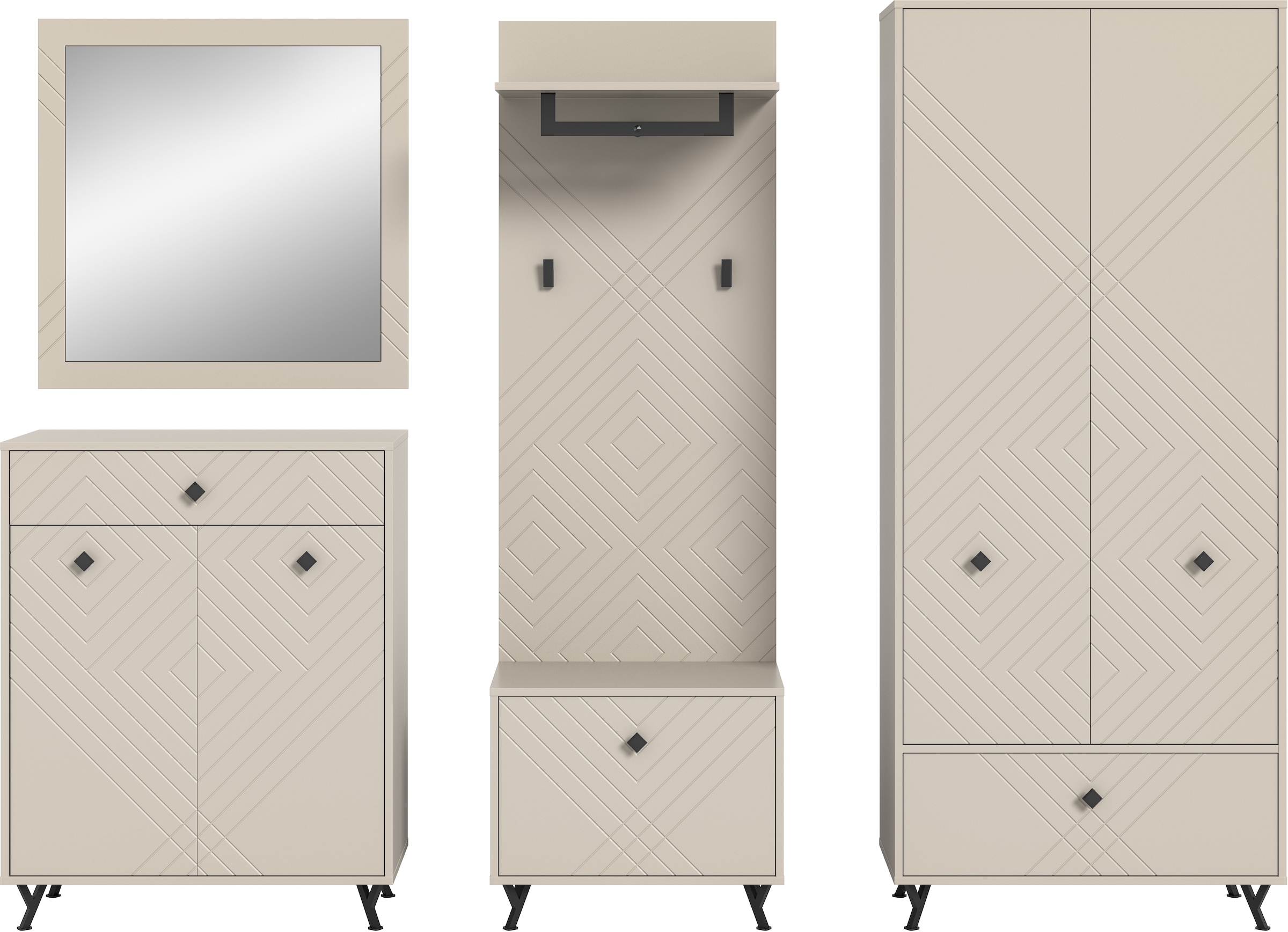INOSIGN Garderoben-Set »Mento, 5-teilig, Ornamentfräsung in der Front, bestehend aus:«, (Set, 5 St.), Schuhkommode, Spiegel, Sitzbank, Garderobenpaneel, Garderobenschrank