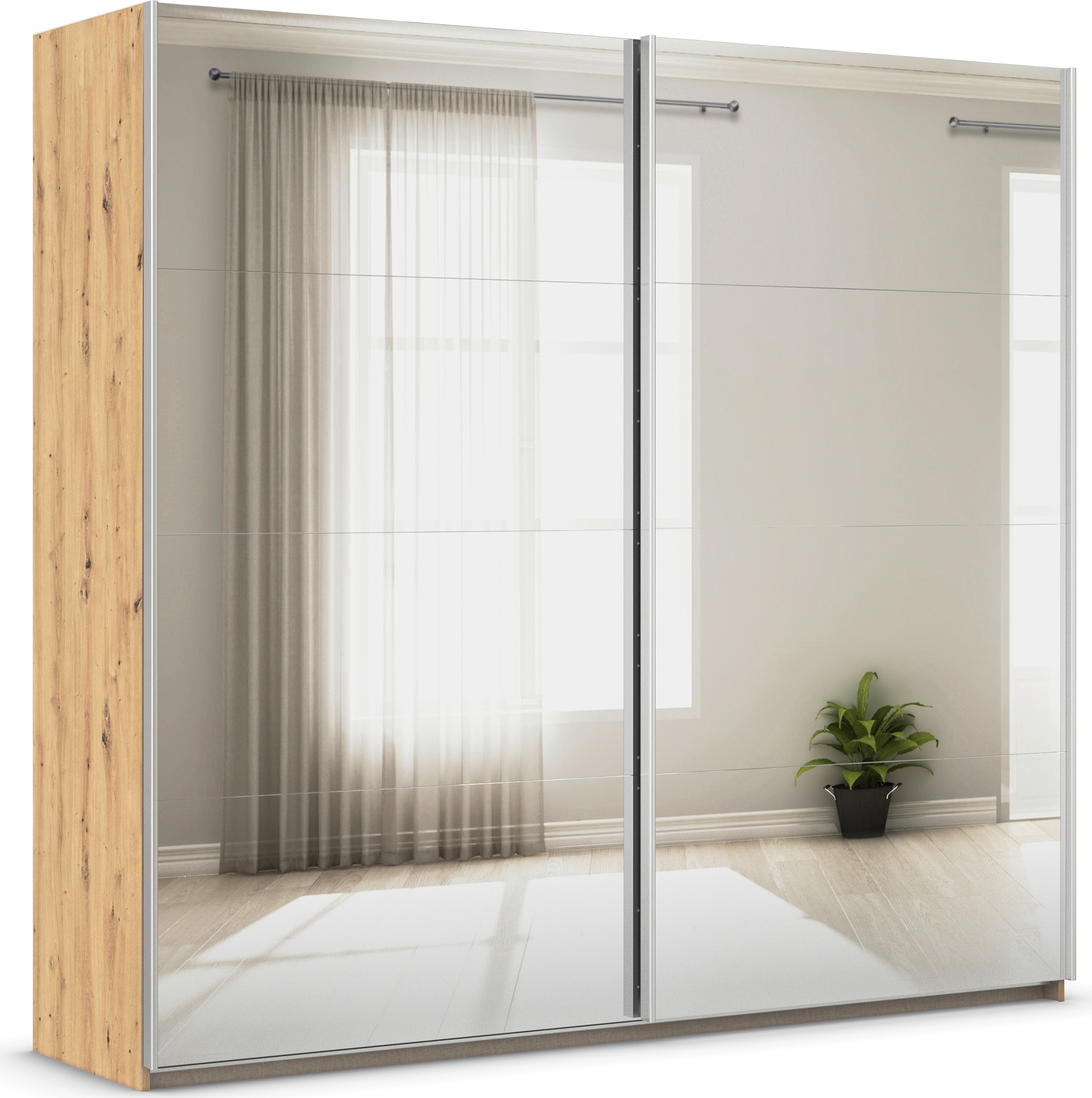 rauch Kleiderschrank »Schwebetürenschrank Schrank Garderobe Wäscheschrank ASTANA« 3 Ausstattungen BASIC/CLASSIC/PREMIUM (inkl. SOFT-CLOSE-FUNKTION),  großflächige Spiegelfront Metallgriffleisten alufarbig MADE IN GERMANY