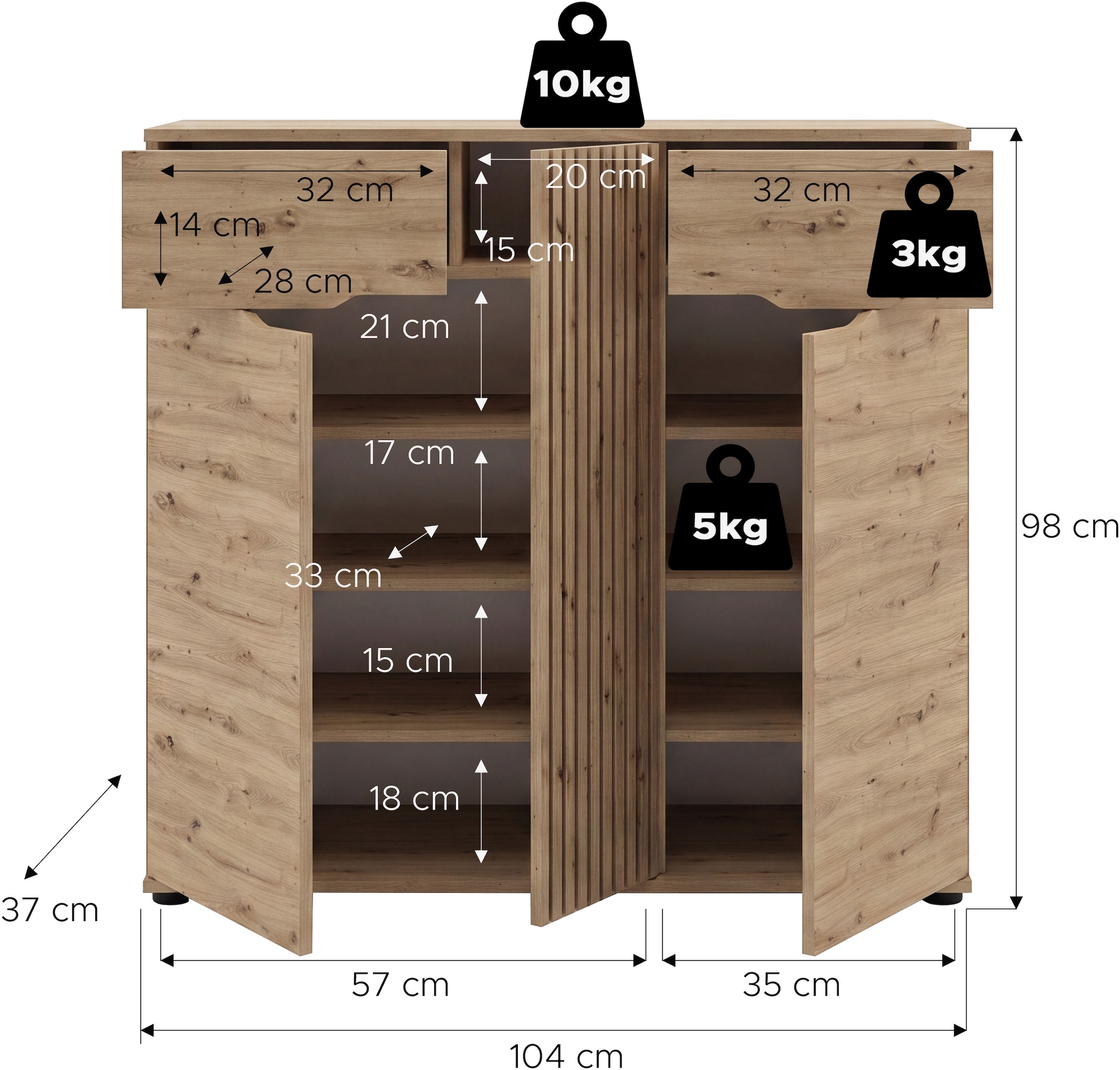 OTTO home Schuhkommode »FJELL, Breite 104cm, 3 Türen, 2 Schubkästen, 6 Einlegeböden, 9 Fächer« Garderobenschrank, Schuhschrank, Kommode, Sideboard, Anrichte