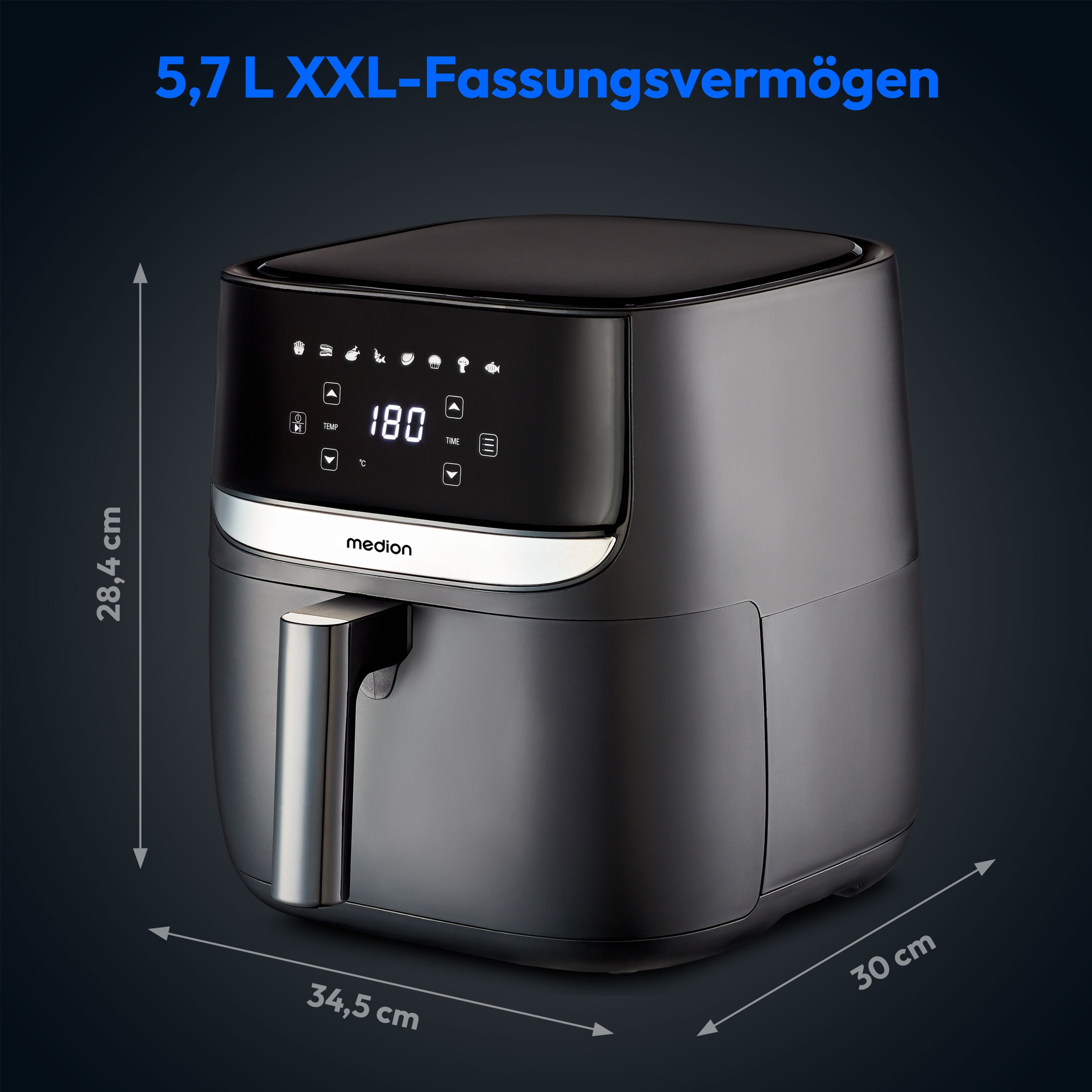 Medion® Heißluftfritteuse »E50 XL (MD 10532), 5,7 L Korbvolumen, 8 Automatikprogramme, Timer«, 1700 W, Temperatur bis 200 °C, ölfreies Frittieren, digitales Bedienfeld