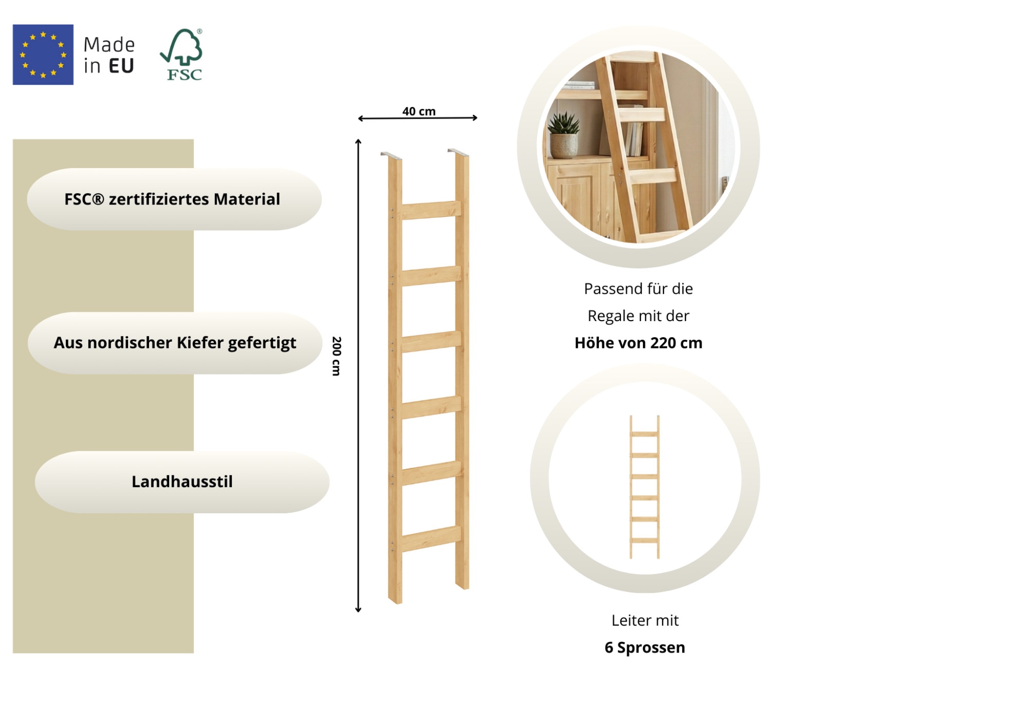 OTTO home Leiterregal »Soeren Leiter B/T/H: 40/1,8/190 cm, massive Kiefer, FSC®-zertifiziert« passend für Regal Soeren Höhe 220 cm, funktionales Design