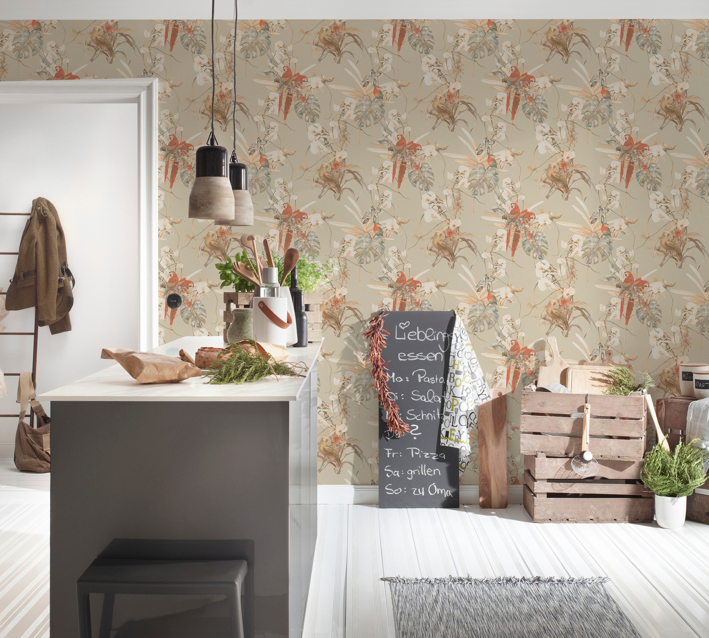 A.S. Création Vliestapete »PintWalls Papagei Floral«, matt-gemustert-neutral, Blätter Tapeten Wohnzimmer Schlafzimmer Küche modern Design Wandtapete