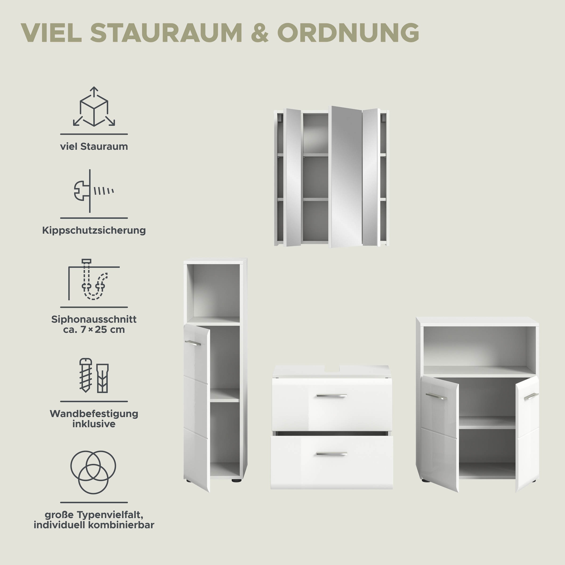 INOSIGN Badmöbel-Set »FLORENZ, TOPSELLER!, 4-teilige Badkombination, hochwertige MDF-Front«, (Midischrank hoch, WBU, Spiegelschrank, Midischrank breit), Bad-Kombination, Bad-Möbel, Badezimmer, Kombination, Kombi