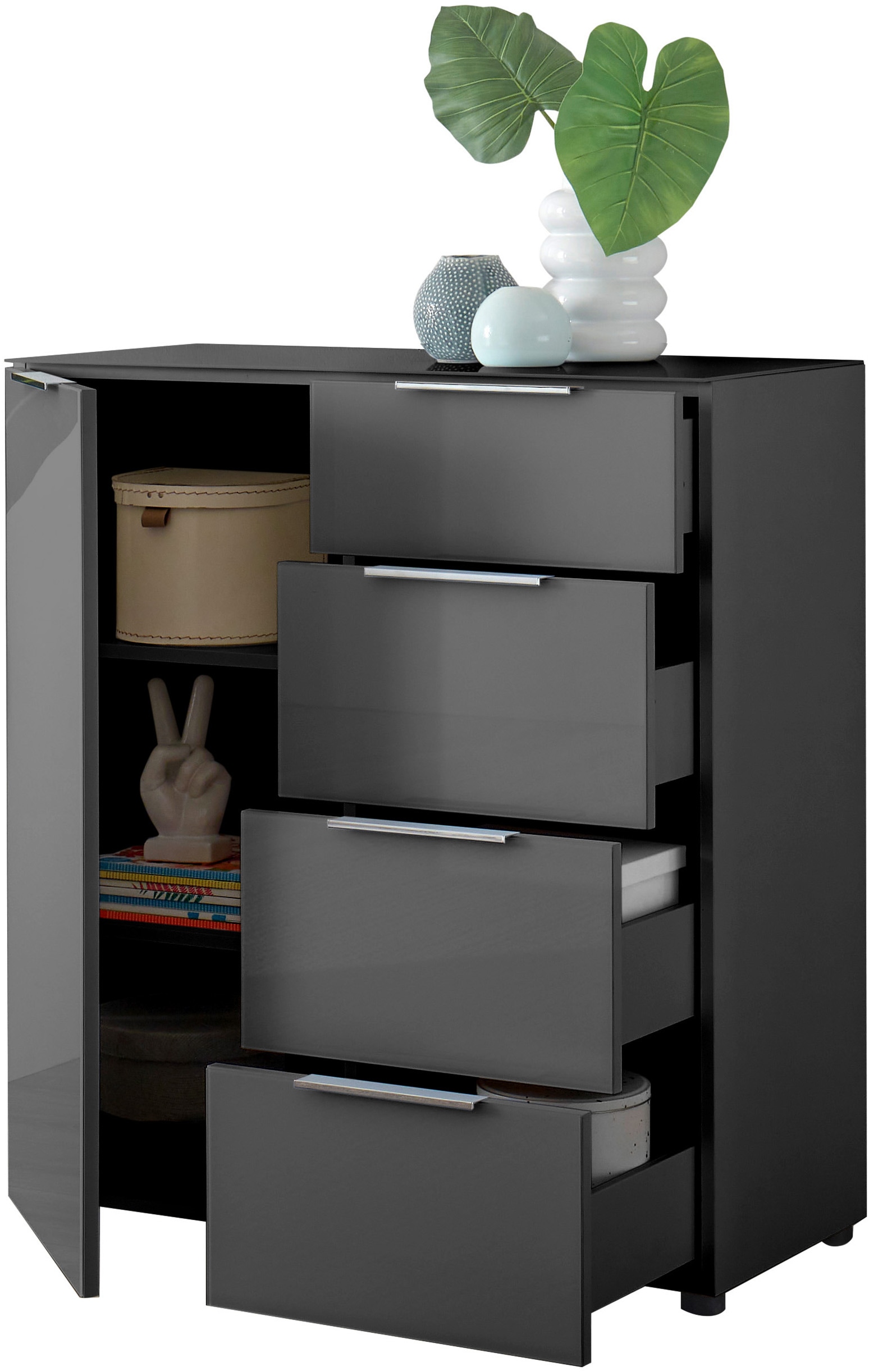 HBZ Sideboard »Santorin Mehrzweckschrank-Universalschrank, BxHxT 90x99x40 cm« 1 Stk. tlg. Mit 1 Tür und 4 Schubkästen mit Softclose, Glasfront und Glasoberboden