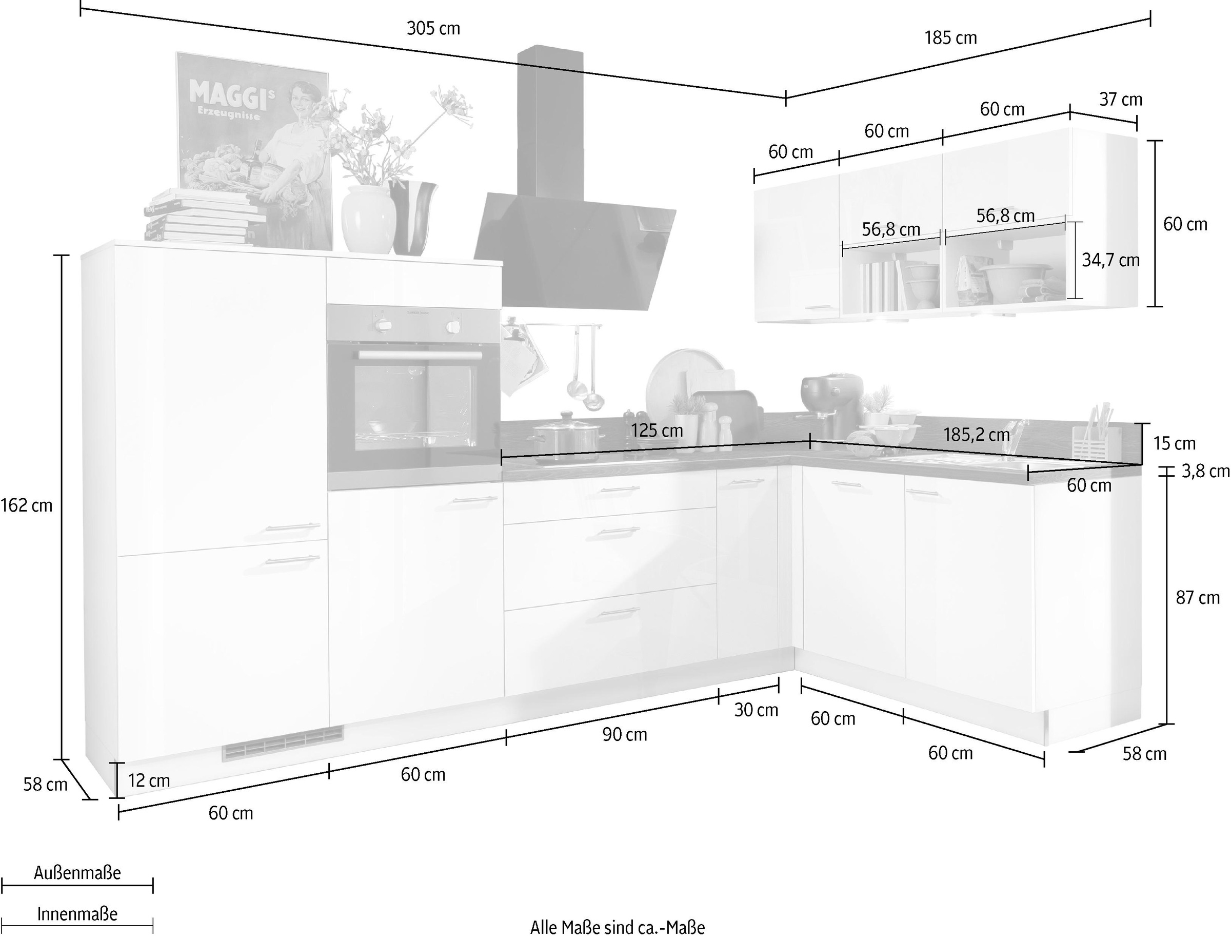 KOCHSTATION Küchenzeile »KS-Scafa, vormontiert, mit höhenverstellbaren Füßen«, vormontiert, wahlweise mit E-Geräten, Stellbreite 305 x 185 cm