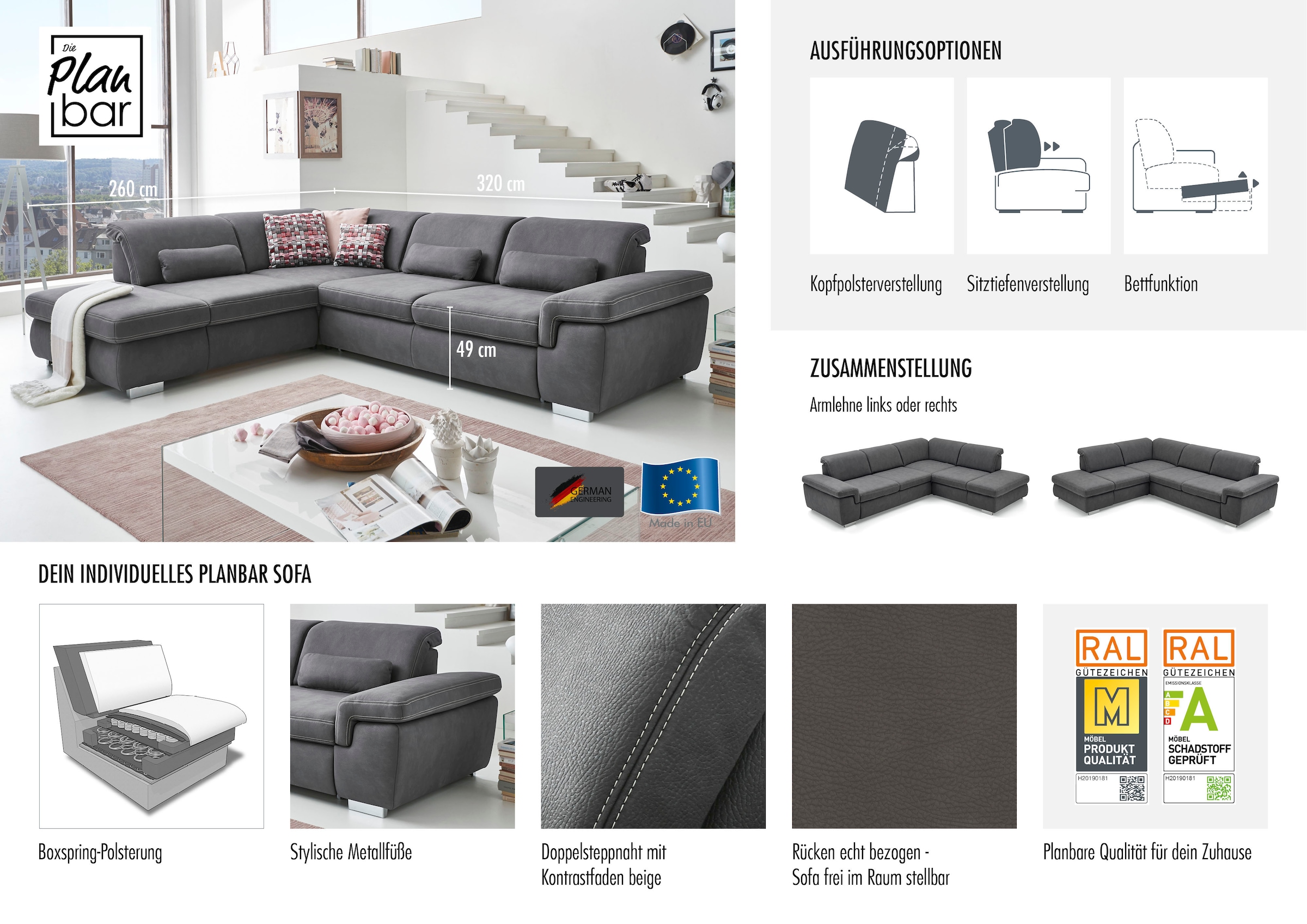 Die PlanBar Ecksofa »MP-IN17041 L-Form« mit Sitztiefenverstellung, optional Kopfteilverstellung & Bettfunktion