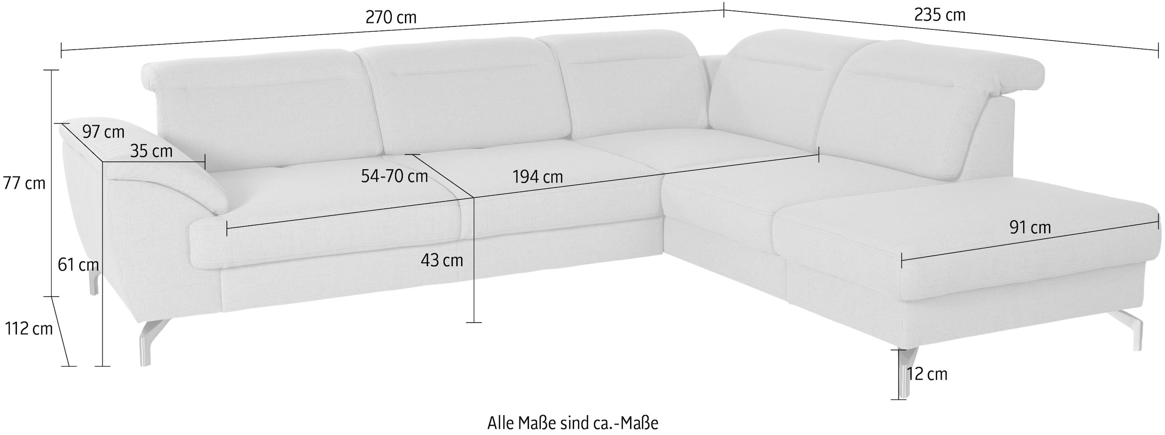 sit&more Ecksofa »Percy L-Form«, 12 cm Fußhöhe, Sitztiefenverstellung, wahlweise in 2 Fußfarben