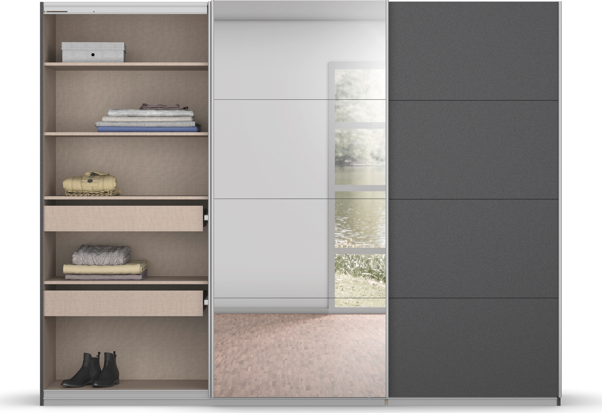 rauch Schwebetürenschrank »Kleiderschrank Schrank Garderobe BESTSELLER KOLUNA mit Spiegel«, inkl. 2 Innenschubladen sowie extra Einlegeböden MADE IN GERMANY