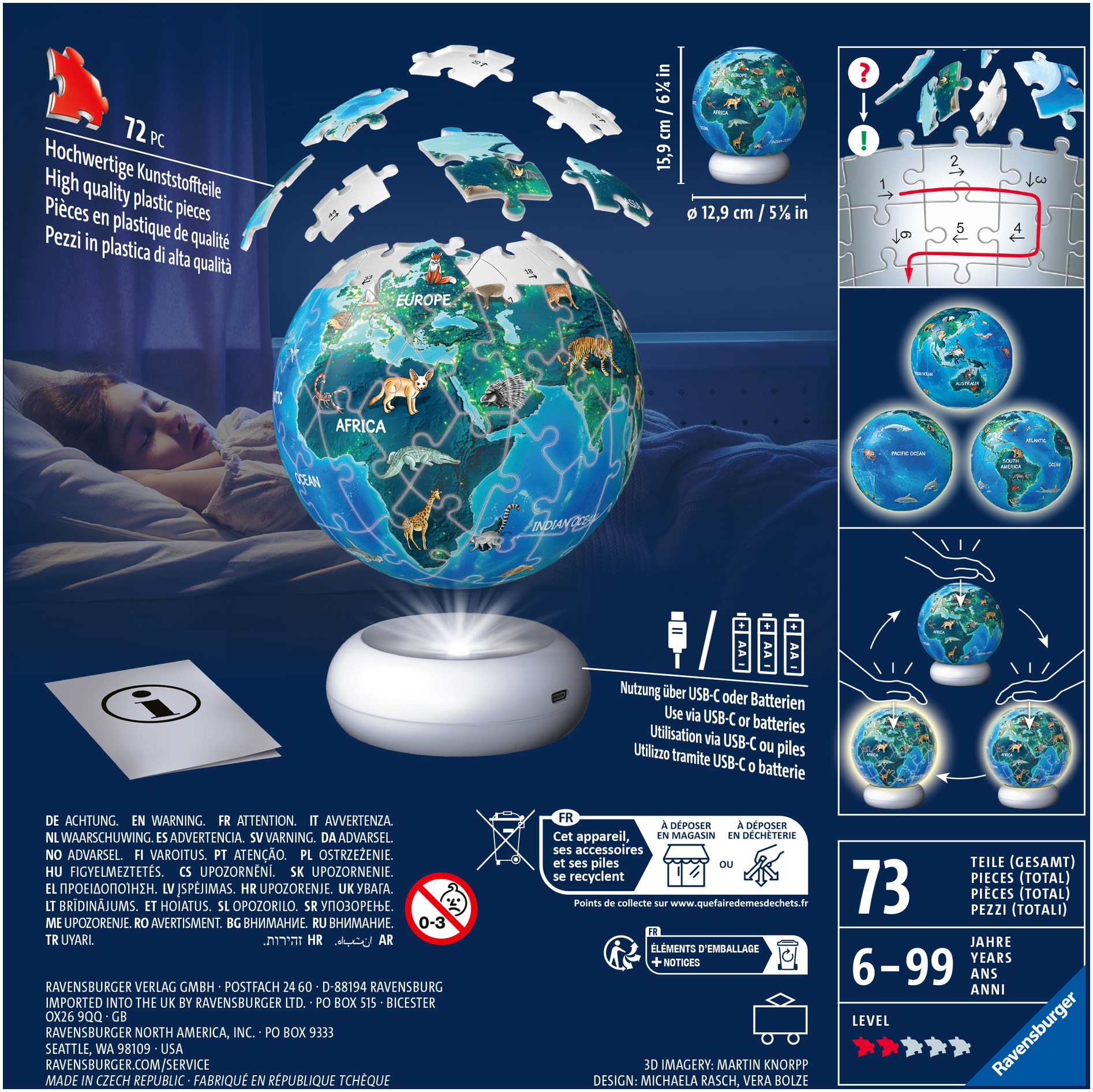 Ravensburger Puzzleball »Nachtlicht Erde mit Tiermotiven« beleuchtet