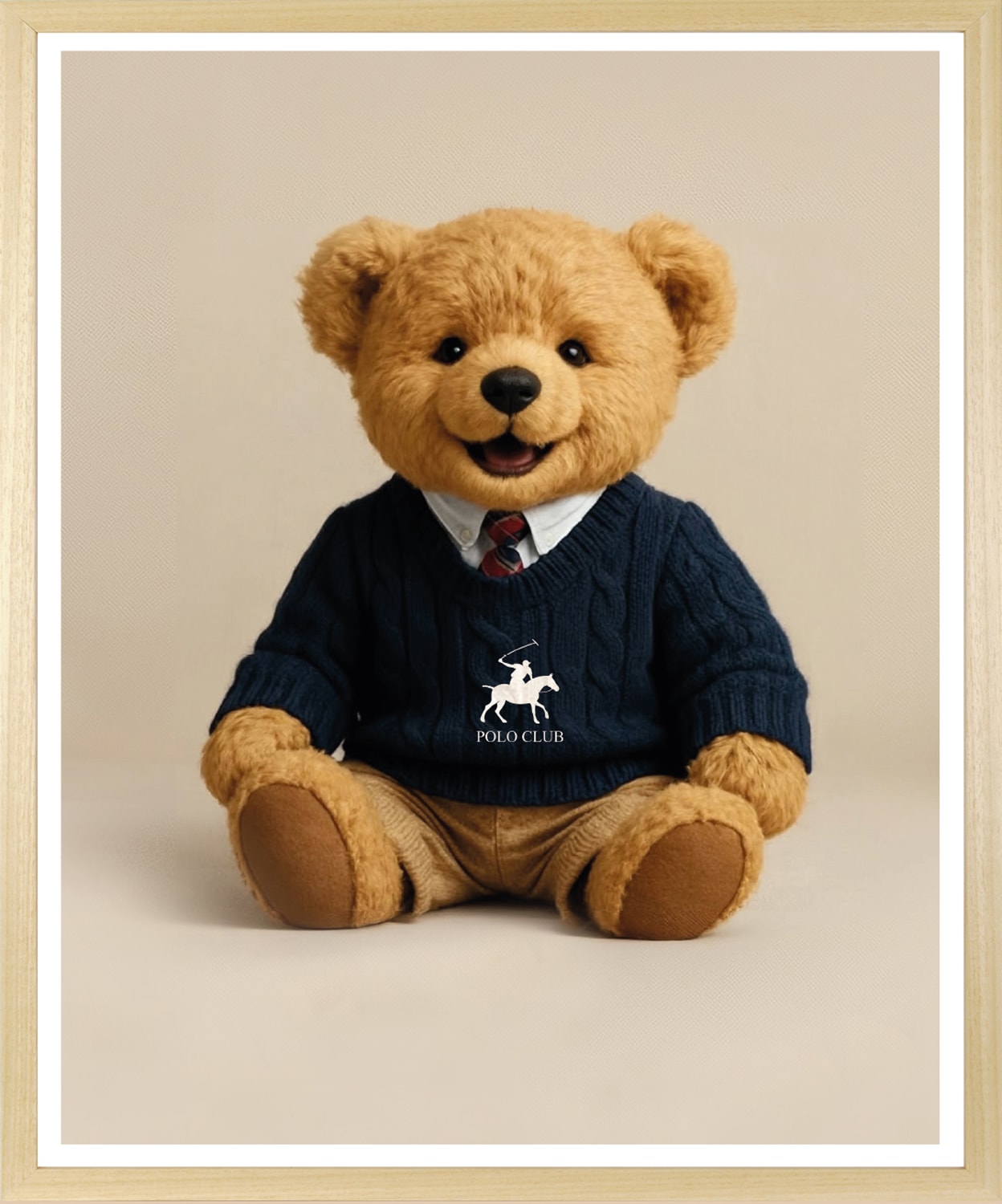 queence Bild mit Rahmen »Vintage Polo Teddy Bär mit Krawatte« Bär | Bären | Fashion | Figuren | Mode | Modebilder HD Premium Poster-Druck inkl. Echtholzrahmen in beige