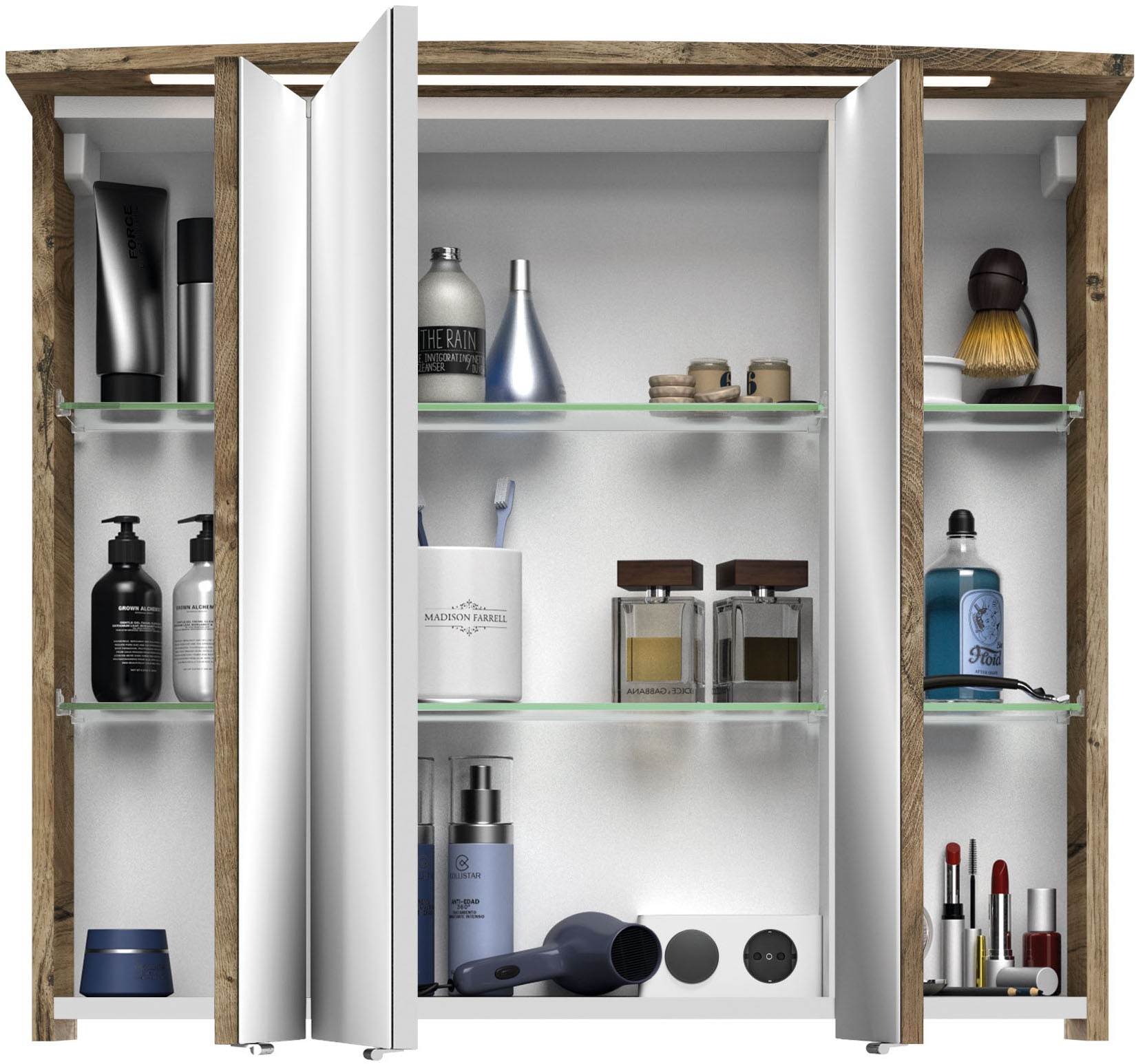 Saphir Badezimmerspiegelschrank »Serie 4010 Badezimmer-Spiegelschrank inkl. LED-Beleuchtung im Kranz«, Badschrank 82 cm breit, 3 Türen, 6 Glas-Einlegeböden, inkl Türdämpfer