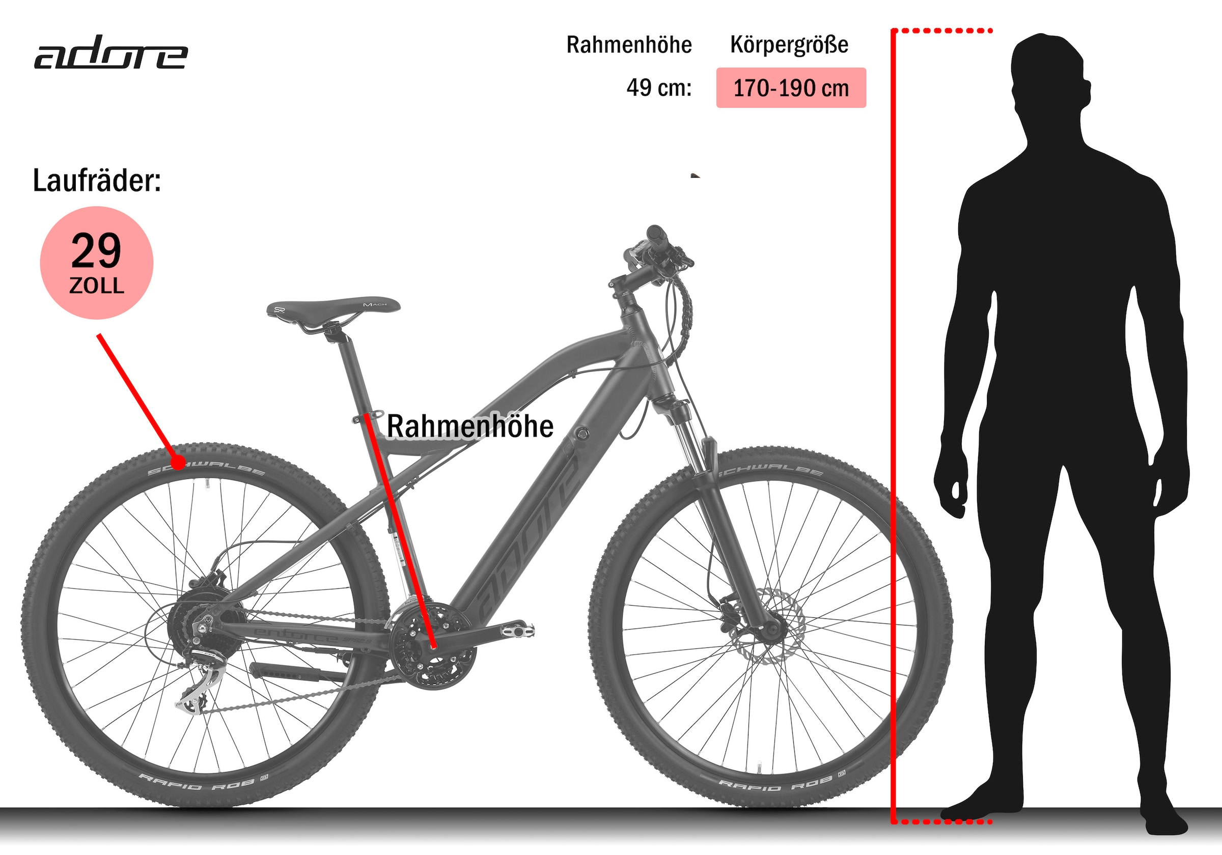 Adore »Enforce« 24 Gang Shimano Acera Schaltwerk Kettenschaltung Heckmotor 250 W Pedelec, Elektrofahrrad für Damen u. Herren, MTB