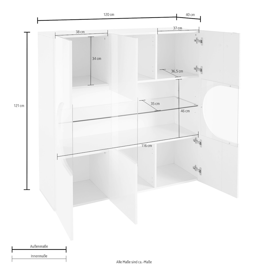 INOSIGN Highboard »Real,Highboard,Kommode,Schrank mit 3 Türen,komplett hochglanz lackiert«, mit 3 Türen, davon 2 aus Glas, mit einer großen Glasablage im Inneren