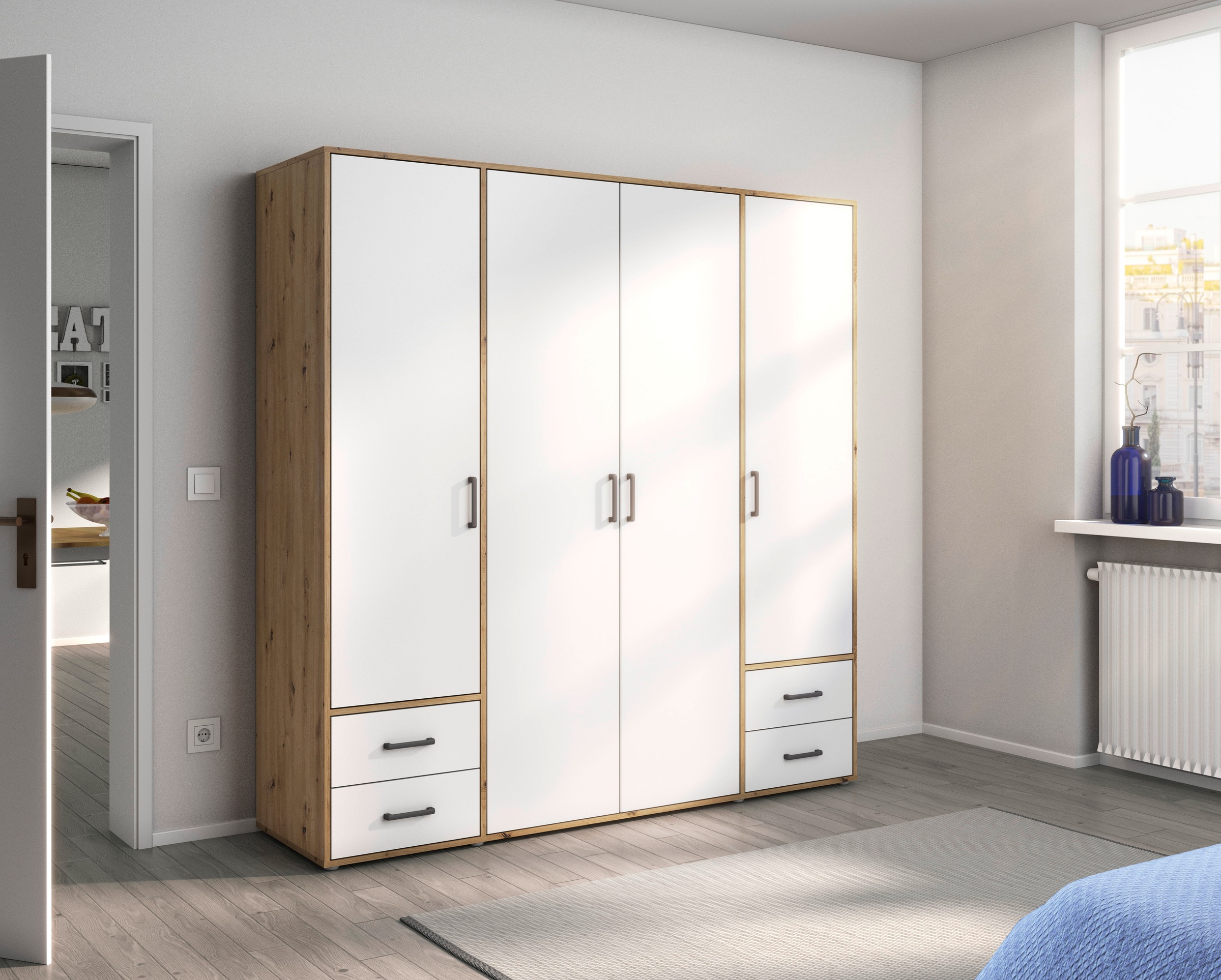 rauch Drehtürenschrank »Kleiderschrank Schrank Garderobe Wäscheschrank VOYAGER«, (in 3 verschiedenen Ausstattungen BASIC/CLASSIC/PREMIUM), moderne Griffe in Graumetallic mit Außenschubkästen MADE IN GERMANY