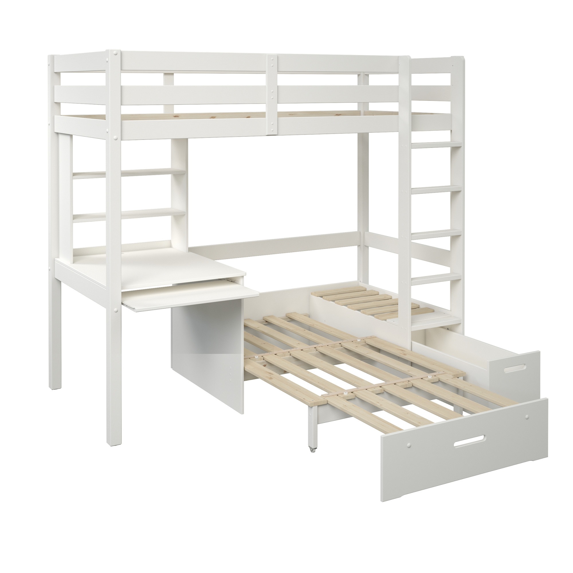 Lüttenhütt Etagenbett »Stockbett, Doppelstockbett "HENNE " zertifiziertes Massivholz«, mit Schreibtisch, Regale, ausziehbarem Sessel,OHNE MATRATZEN/AUFLAGEN!