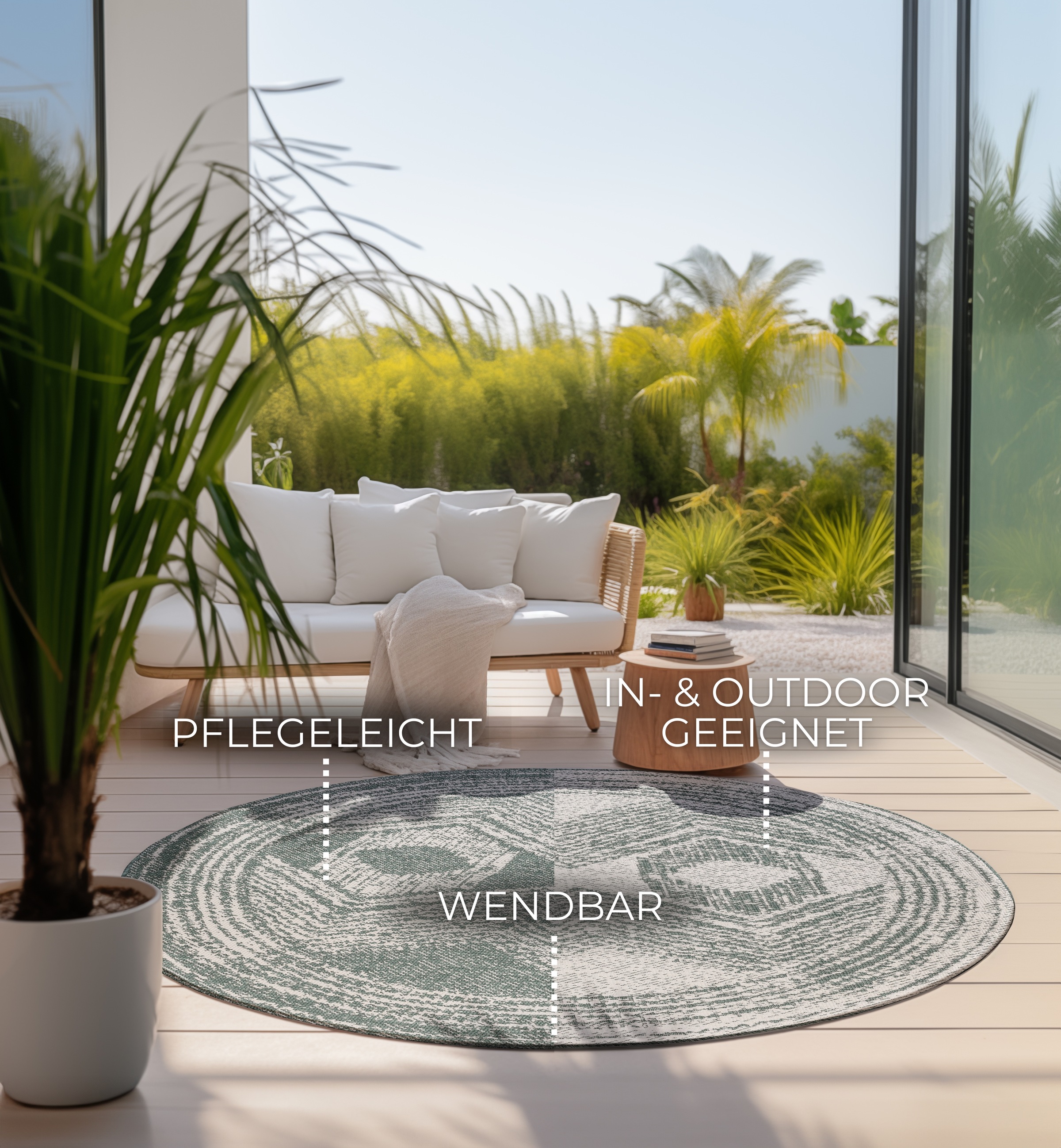 ELLE DECORATION Teppich »Merge Wendeteppich«, rund, 5 mm Höhe, Flachgewebe, In-& Outdoor, Modern, beidseitig, Balkon, Wohnzimmer