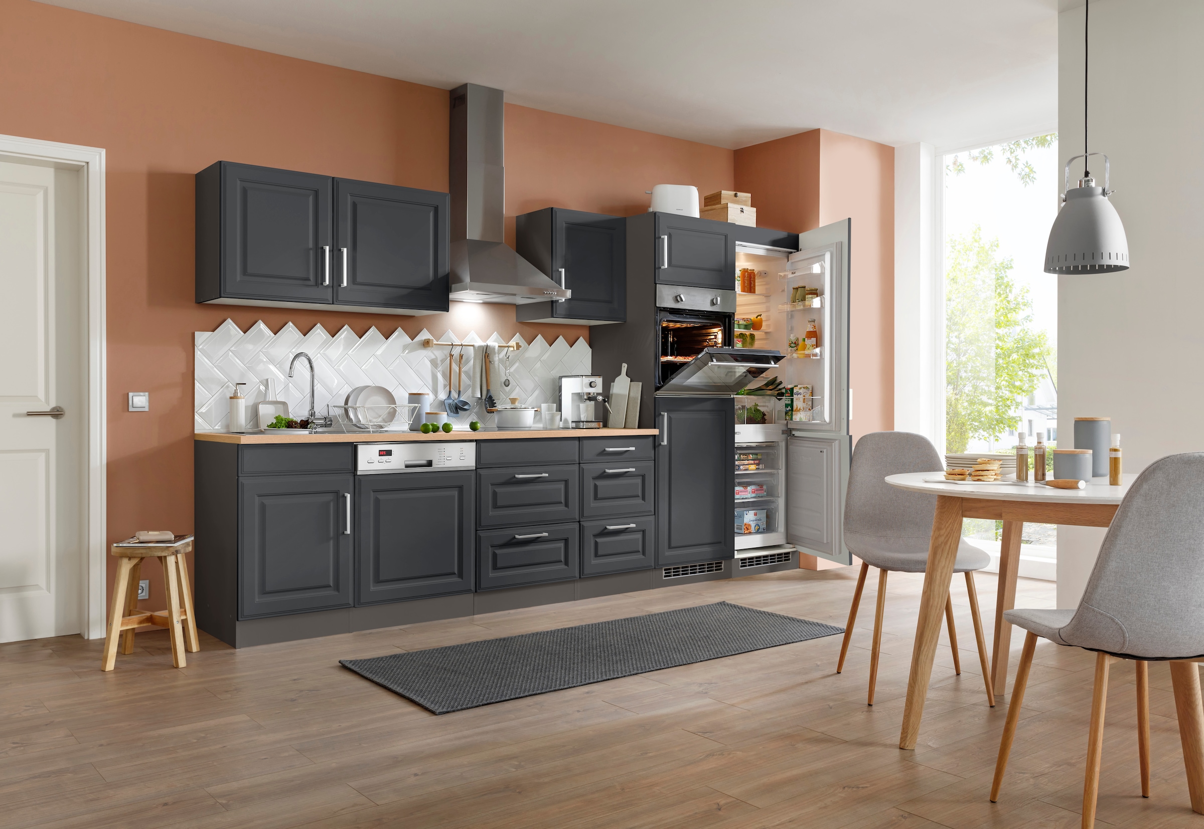 HELD MÖBEL Küchenzeile »Stockholm«, Breite 340 cm, mit hochwertigen MDF Fronten im Landhaus-Stil