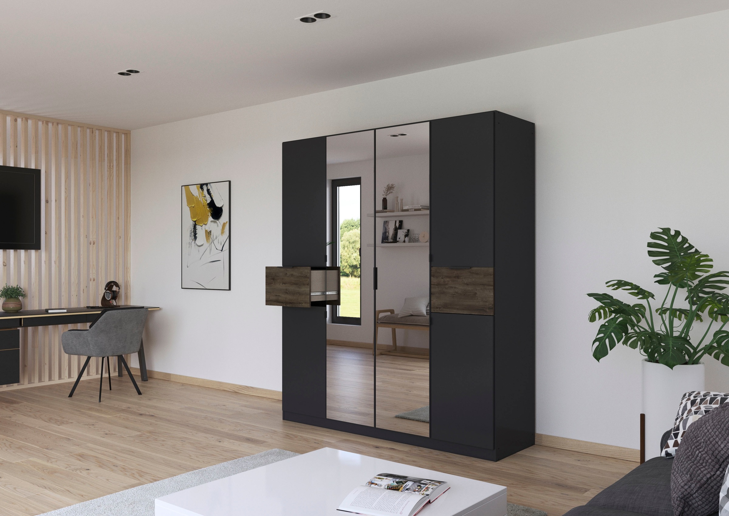rauch Drehtürenschrank »Kleiderschrank Schrank Garderobe Wäscheschrank TICAO«, (Schubladen in der Höhe variabel positionierbar), mit 2 geräumigen Schubladen, viel Stauraum MADE IN GERMANY