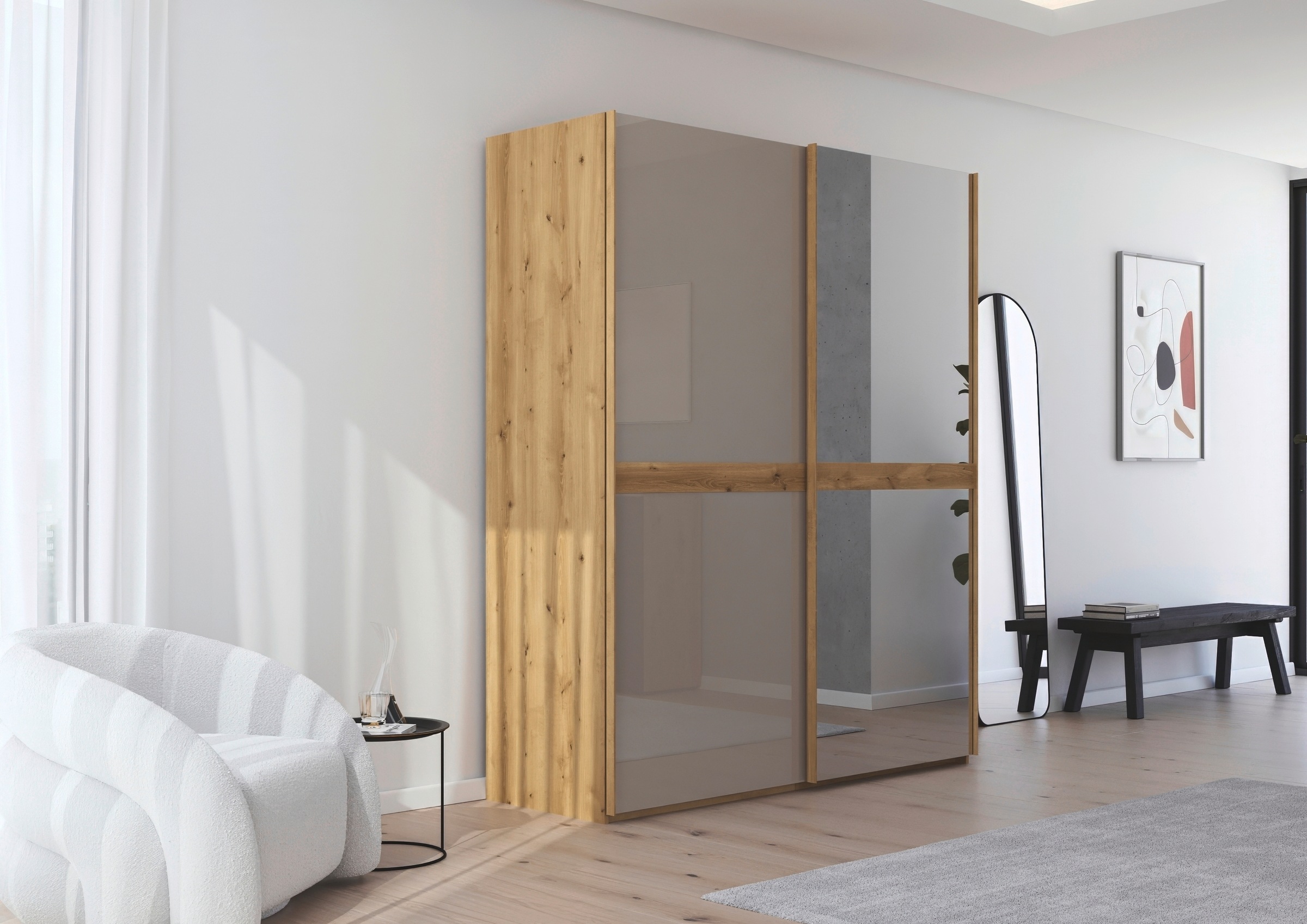 rauch Schwebetürenschrank »Kleiderschrank Schrank Garderobe Schlafzimmerschrank SCALE-LINE«, edle Optik mit Bauchbinde mit Glas/Spiegel-Front MADE IN GERMANY