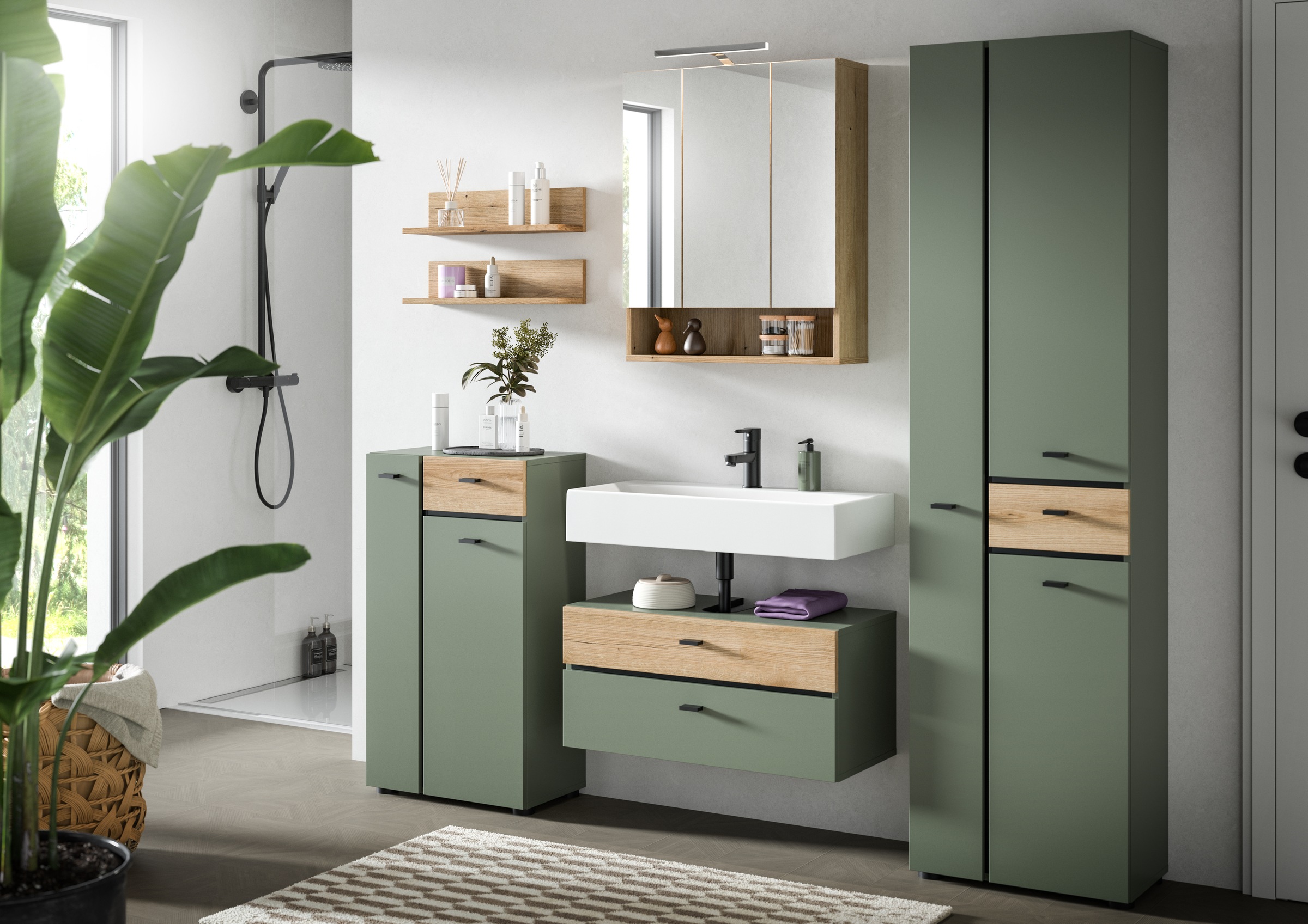welltime Badmöbel-Set »VANN, 6-teilige moderne Badkombination, inkl. Beleuchtung« Midischrank, 2er Set Wandregal, WBU, Spiegelschrank, Hochschrank, 6 Stk. tlg.