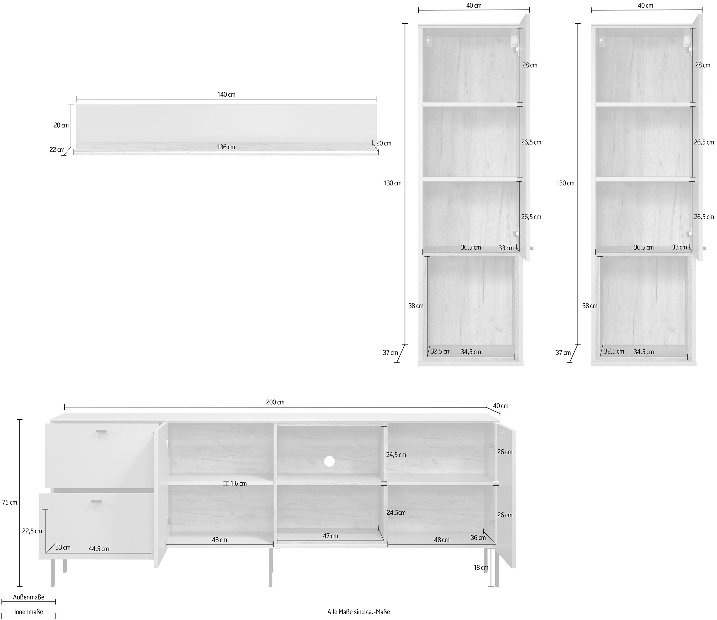 Places of Style Wohnzimmer-Set »San Pedro«, (Komplett-Set, 4 St.), Bestehend aus: TV-Lowboard, Wandboard und 2 Hängeschränken