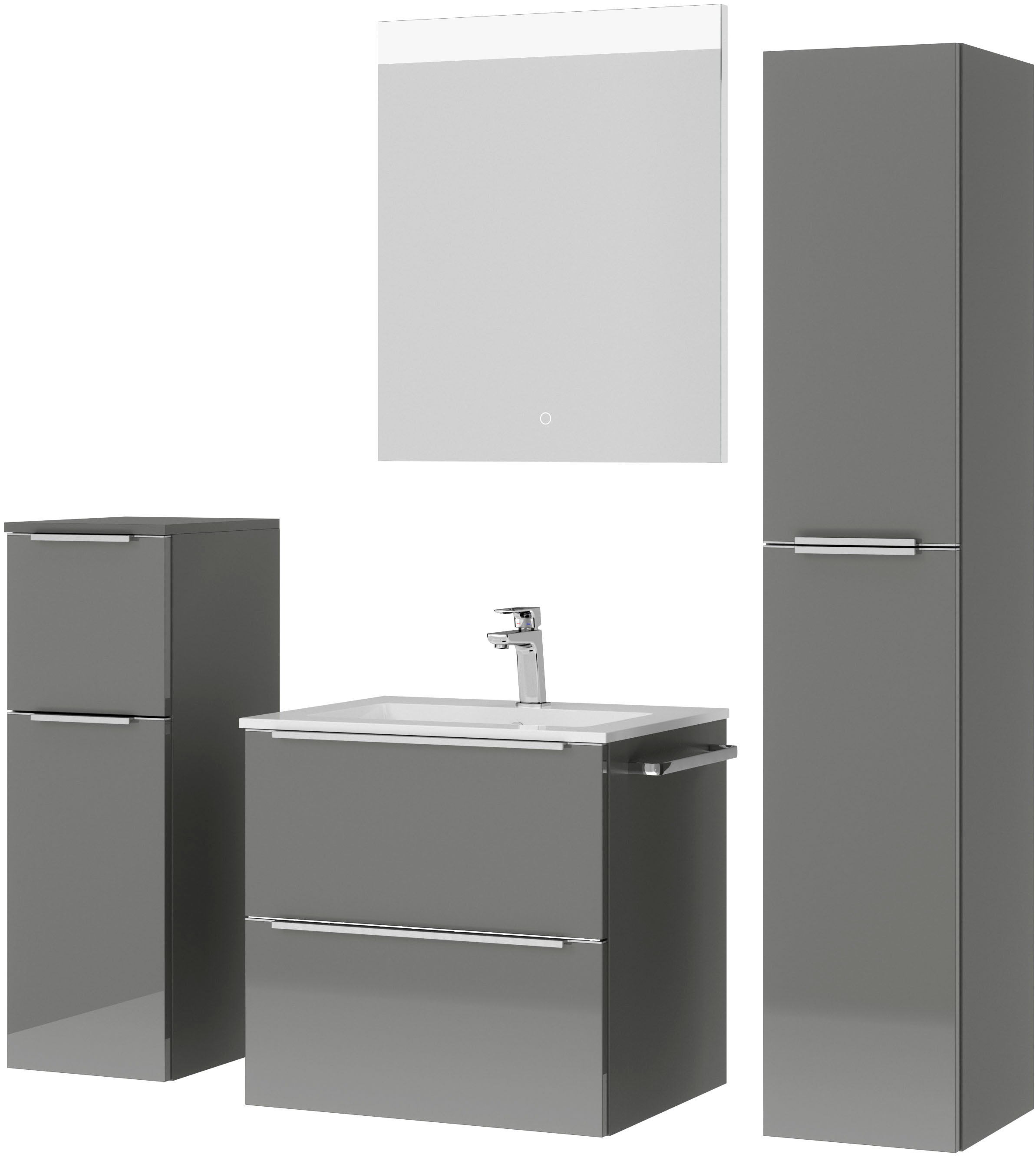 nobilia® Badmöbel-Set »Levere«, (4 St., vormontiert, mit Soft-Close), Hochglanz, inkl. Spiegel mit Touch-Sensor, in vier Breiten