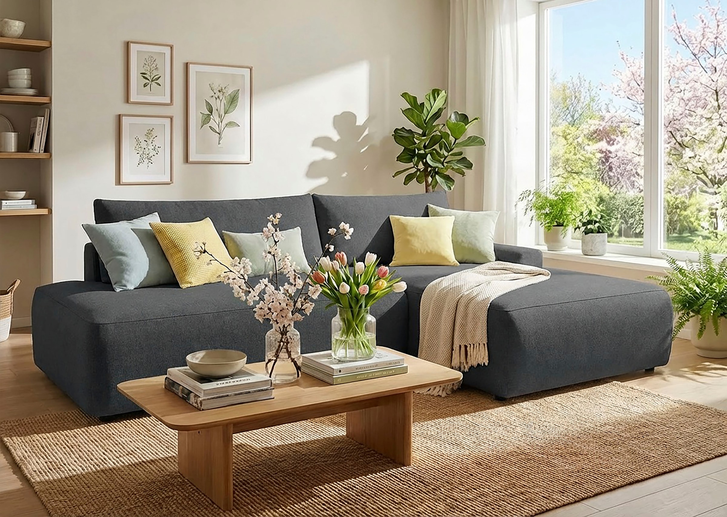 TRENDMANUFAKTUR Ecksofa »Prag, Schlafsofa mit Bettkasten, Couch in L-Form, Breite 253 cm« in feinem Strukturstoff, anthrazit, Recamiere rechts