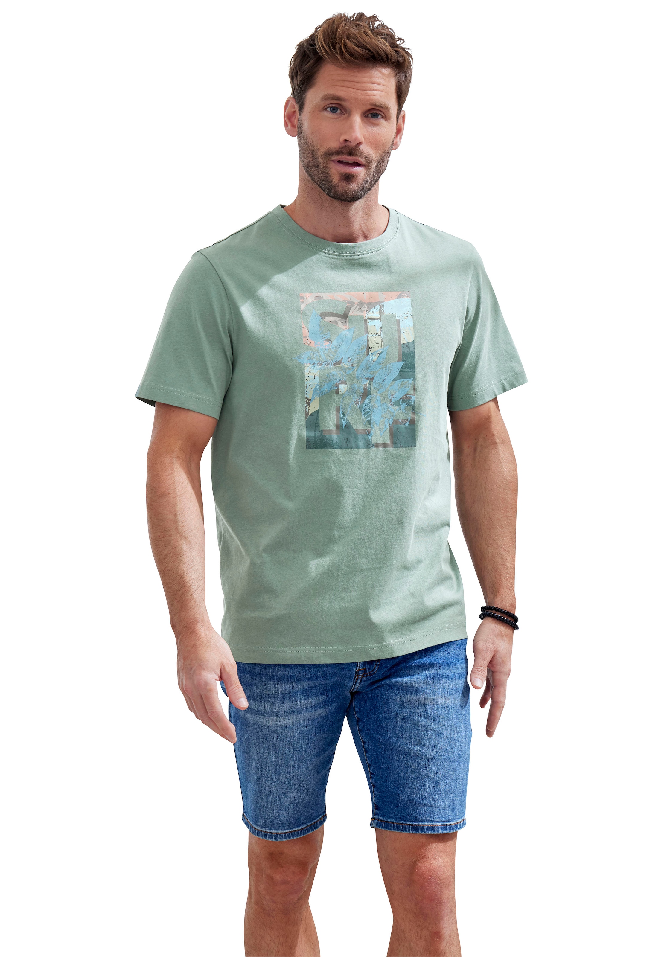 John Devin T-Shirt, Rundhalsshirt mit Surf -Aufdruck aus reiner Baumwolle