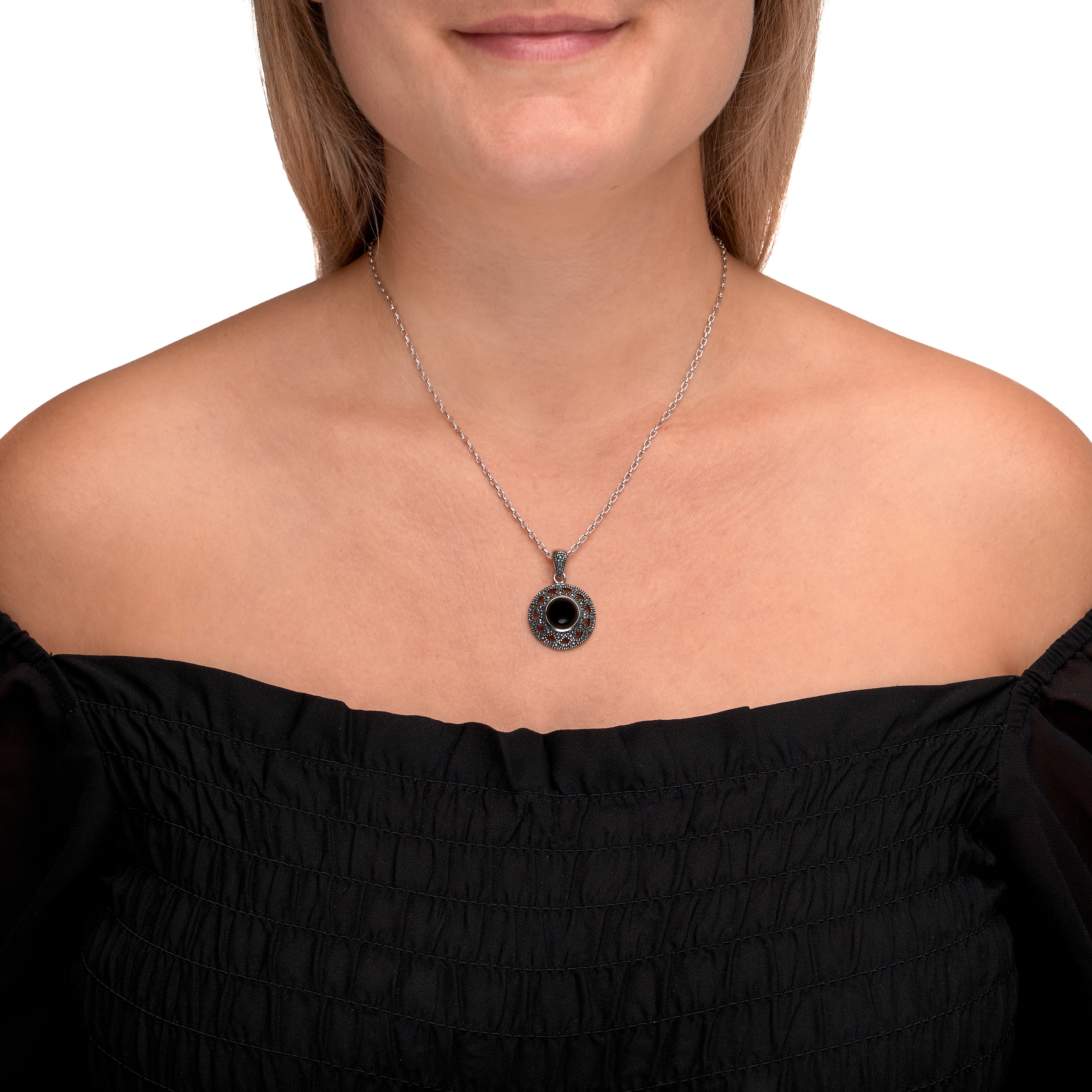 Zeeme Kette mit Anhänger »Silber 925 oxydiert 45cm lang mit schwarzem Achat 10mm«