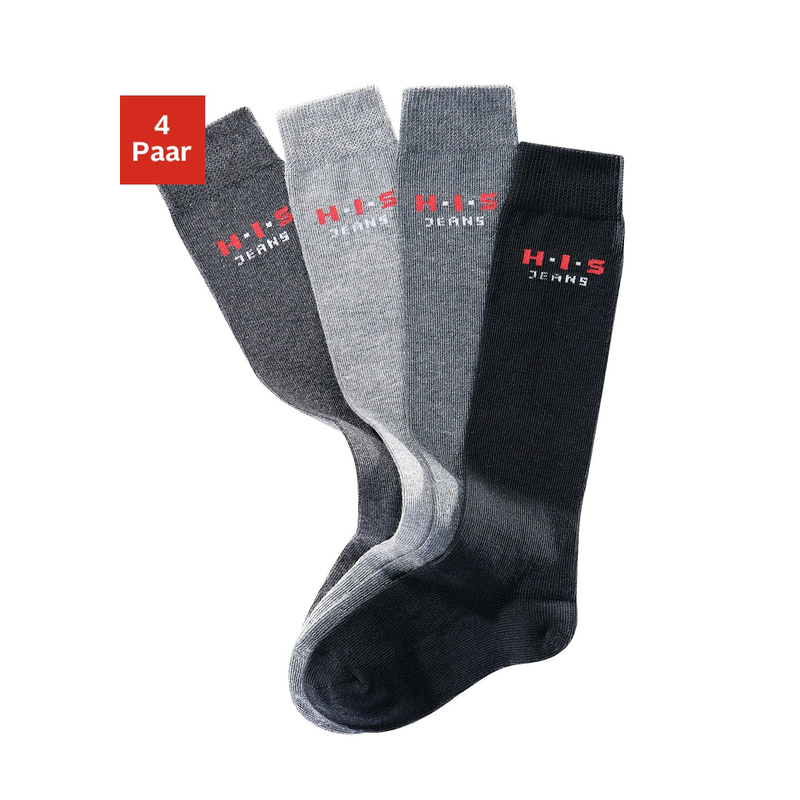 H.I.S Kniestrümpfe Packung, 4 Stk. tlg. mit verstärkten Belastungszonen schwarz, anthrazit, hellgrau, grau 39-42 39-42 Basic Kniestrümpfe für Groß...