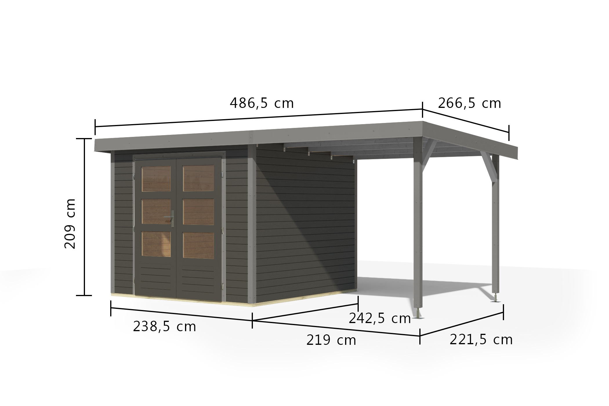 Karibu Gartenhaus »"Jupiter 3,5 B" SET terragrau, mit Anbaudach 2,35 m breit«, hochwertige Materialien: nordische Fichte, Stahlecken, Trapezblechdach