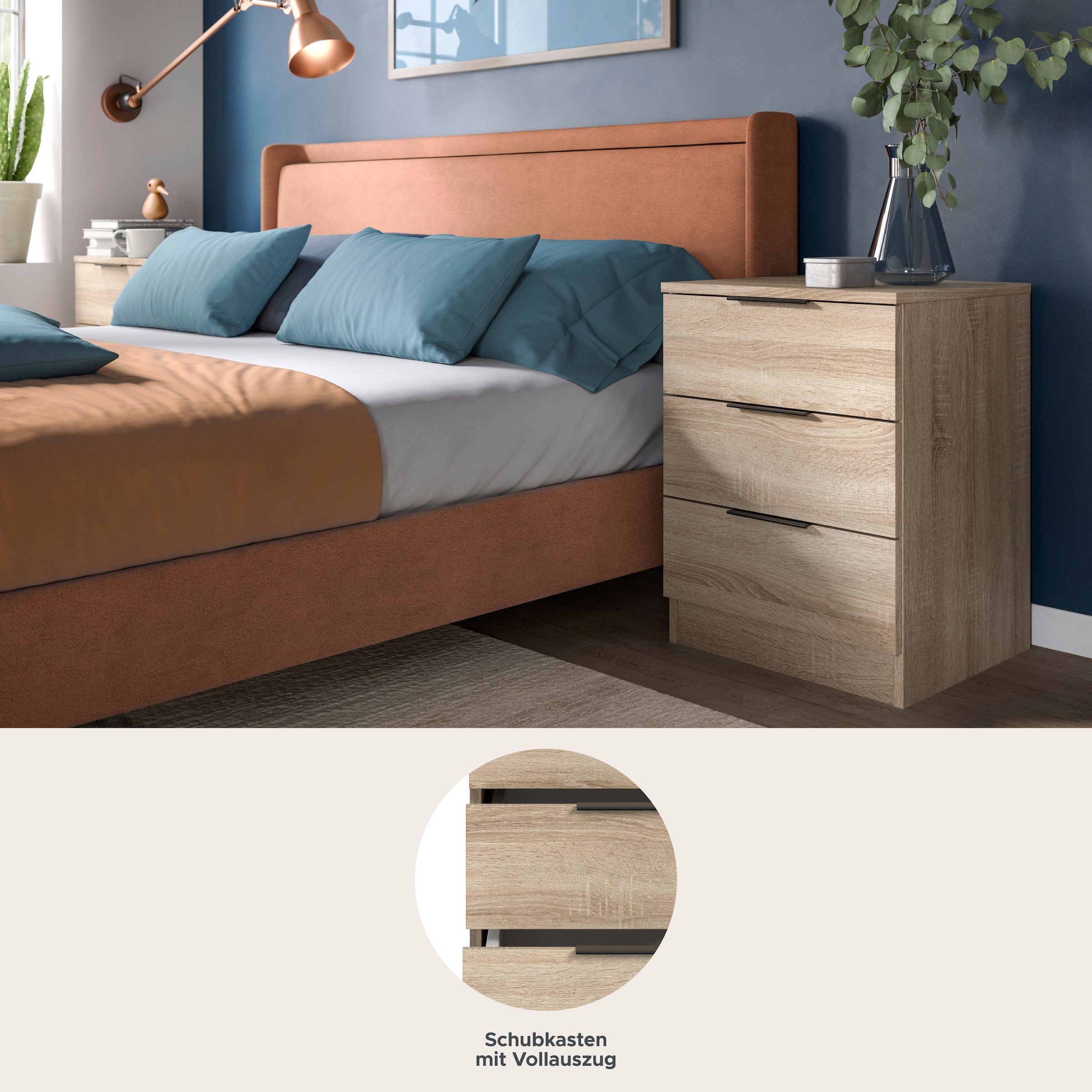 Home affaire Nachtkommode »Skarde 2 Nachttische, jeweils Breite: 45 cm« Set, Sie bekommen 2  Nachttische im Set, 2 Stk. tlg. Skarde, 2er Set Nachtkommoden, 3 Schubkästen, Sonoma Eiche NB