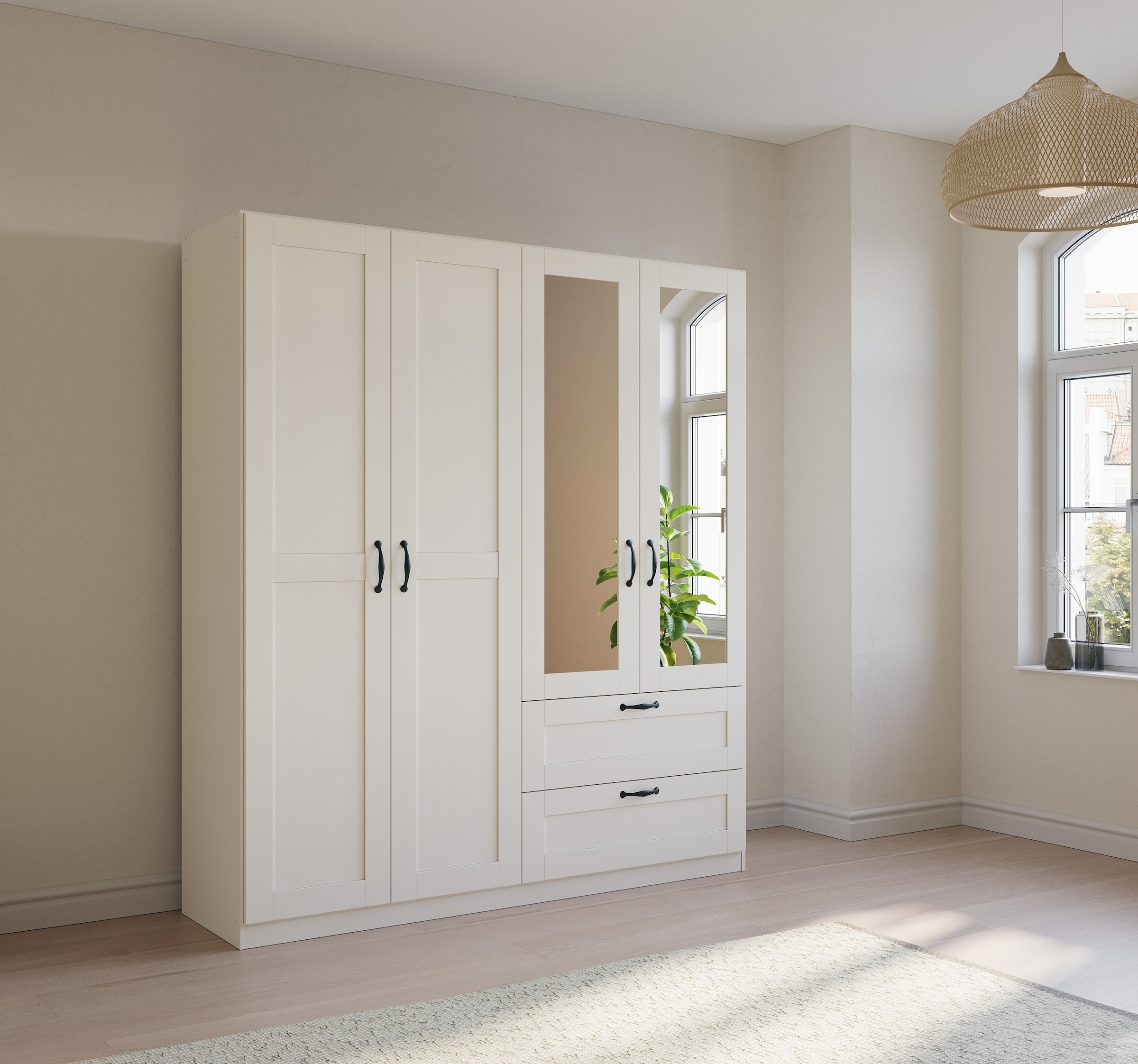rauch Drehtürenschrank »Cottage by Quadra Spin«, in skandinavischem Landhausstil, mit Schubladen und Spiegel