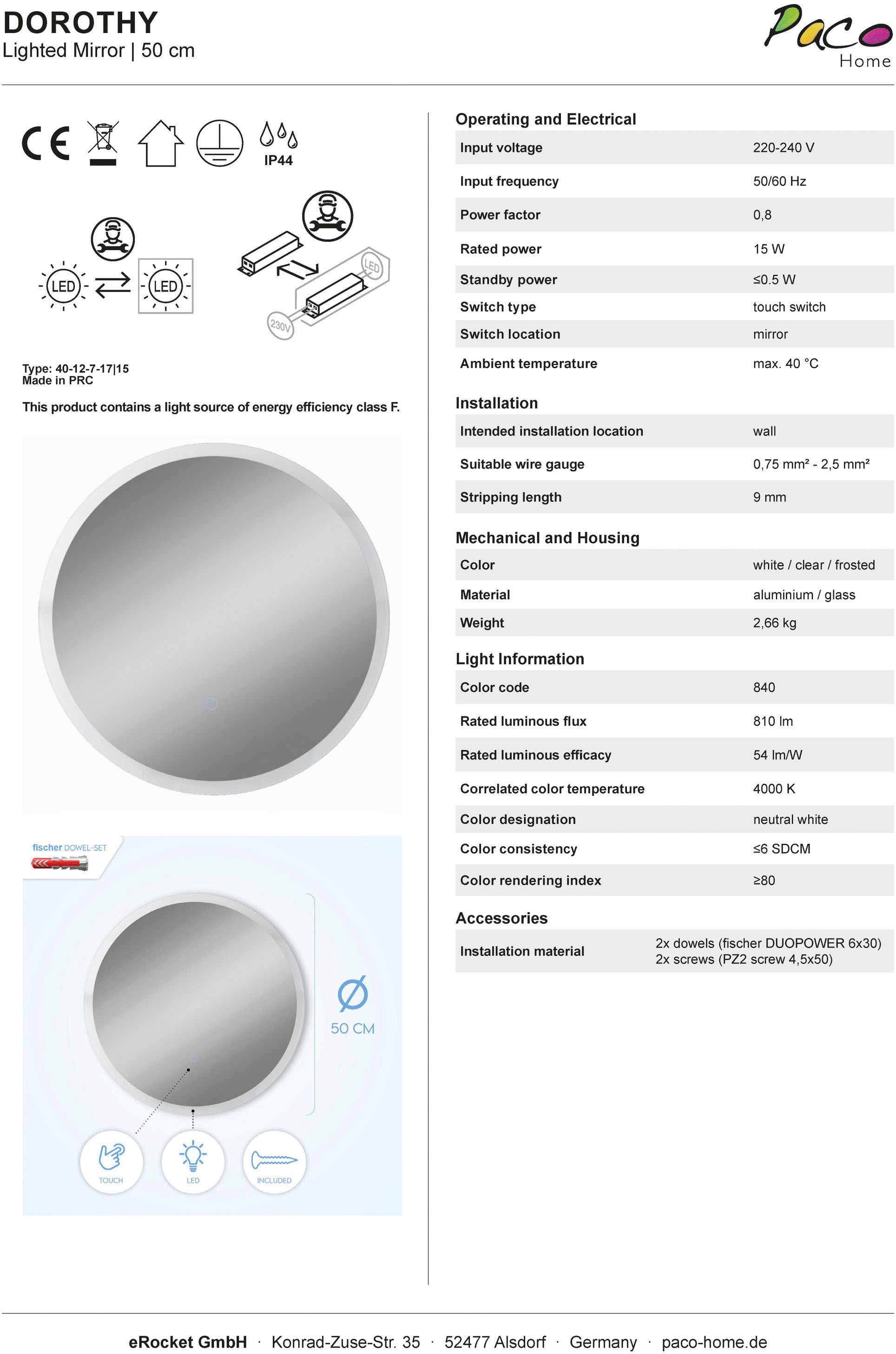 Modern 50cm Rund LED »DOROTHY«, Wandspiegel Touch-Schalter kaufen online Backlight Home Paco Wandleuchte Spiegel